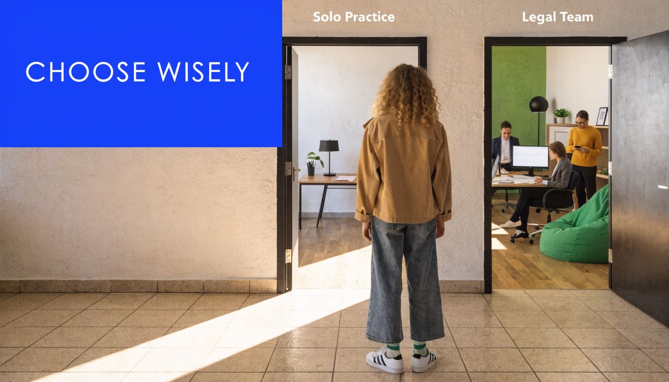 A person stands in a hallway choosing between a solo practice office and a busy legal team office.