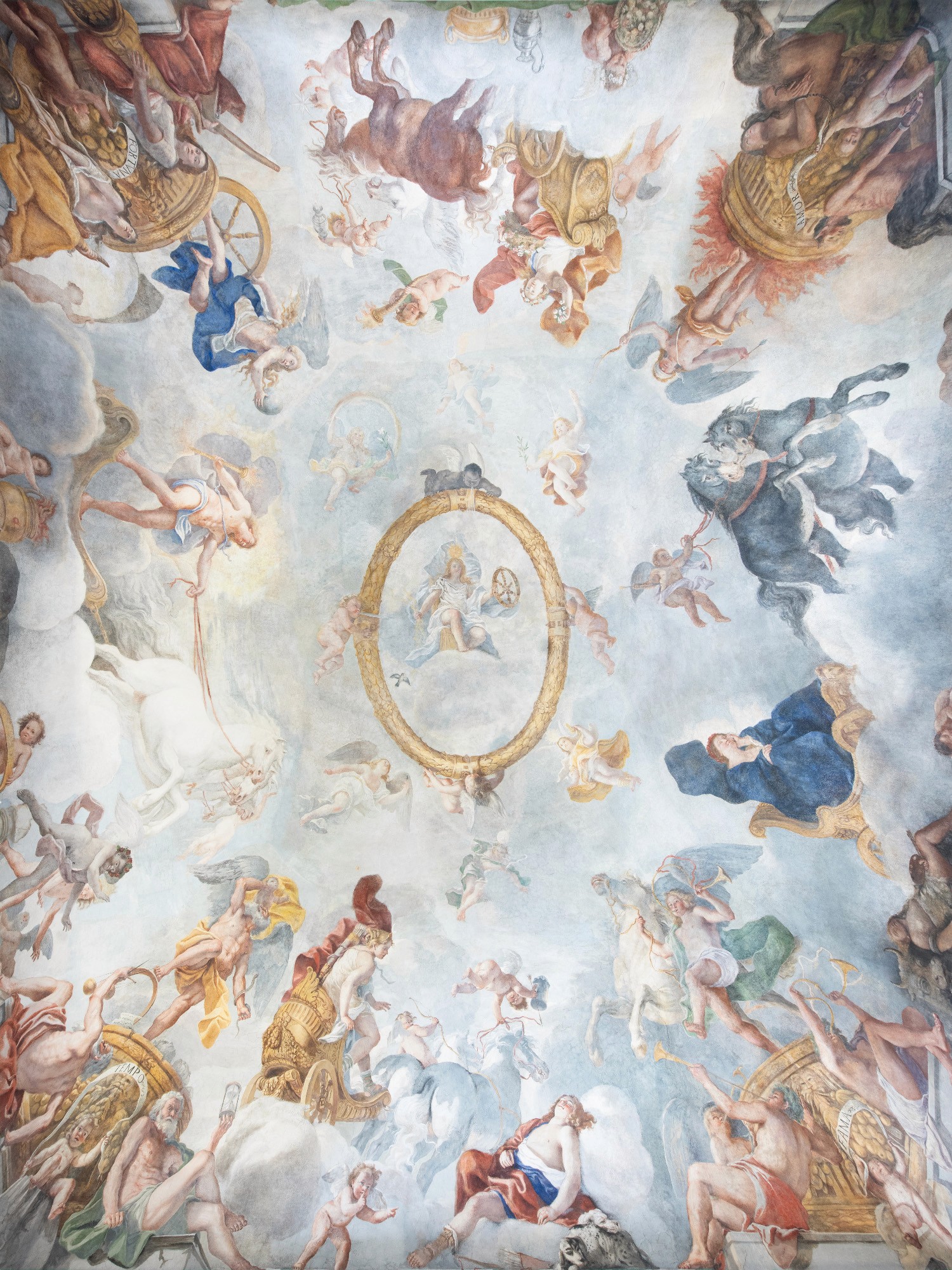 Ceiling fresco in Palazzo Doria Pamphilj, featuring ornate decorative motifs and classical figures.