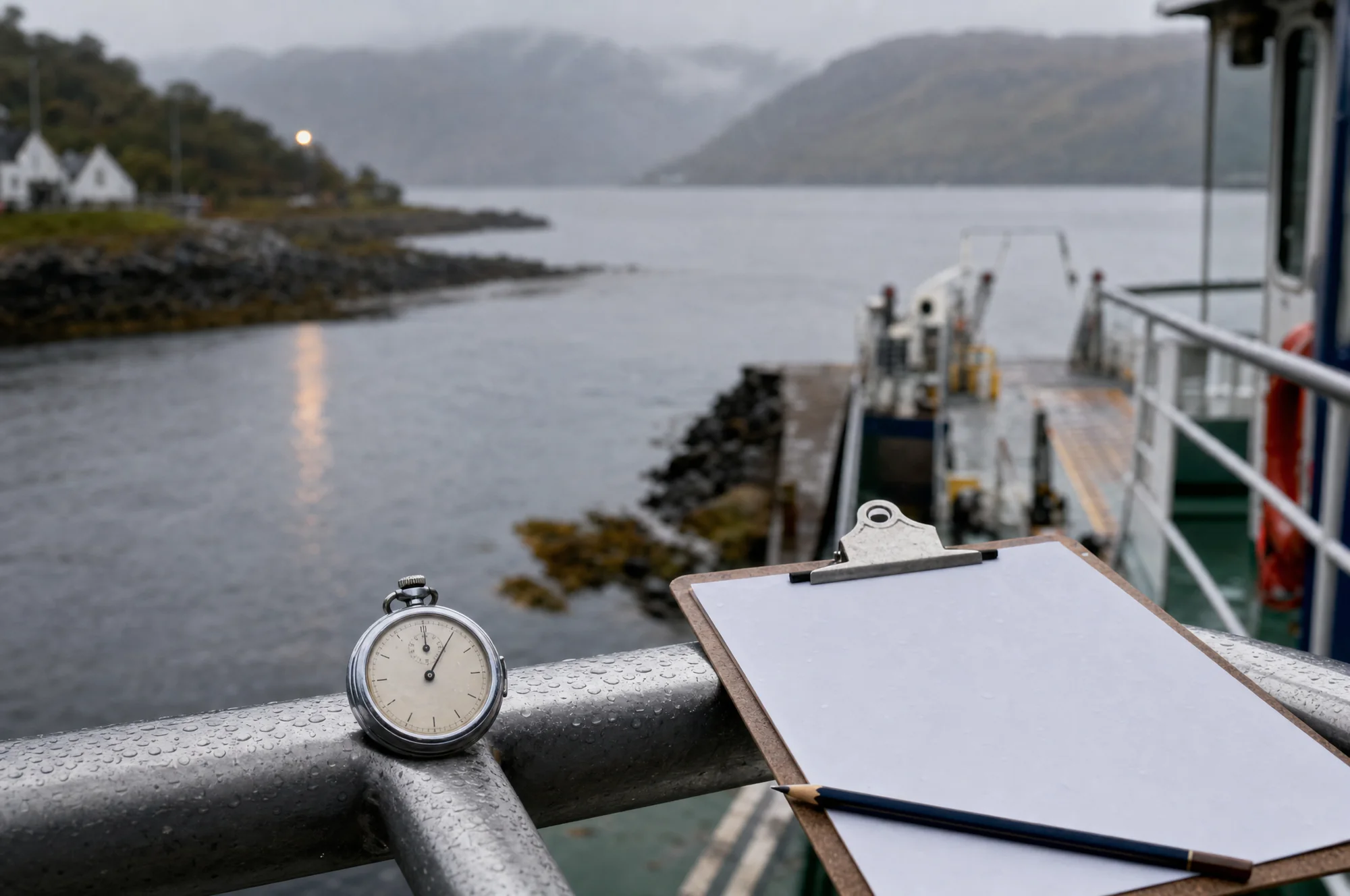 A stopwatch and a clipboard on a ferry rail above a sea loch