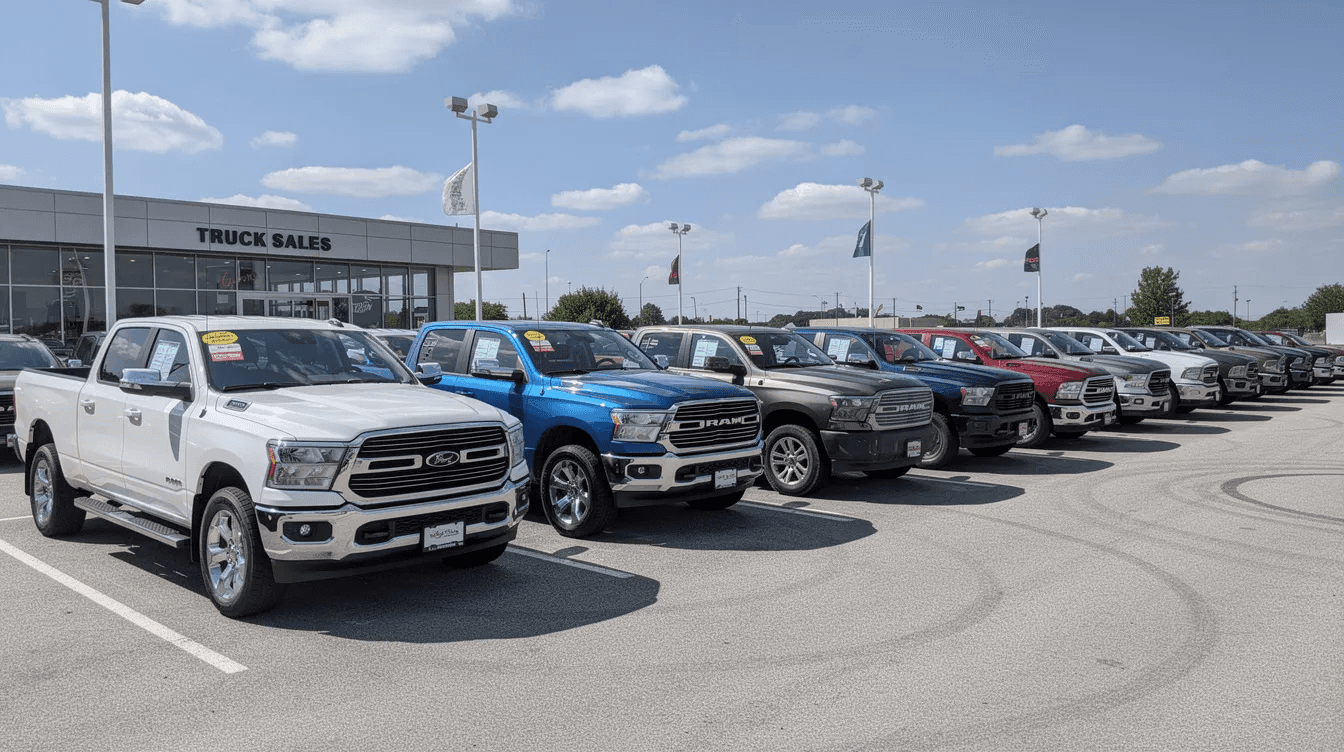 The image shows a row of new and used trucks parked side by side in a dealer yard, showcasing various models that cater to different business needs. This selection highlights options for truck finance in Australia, making it easier for business owners to assess their financial situation and secure the right truck finance for their operations.