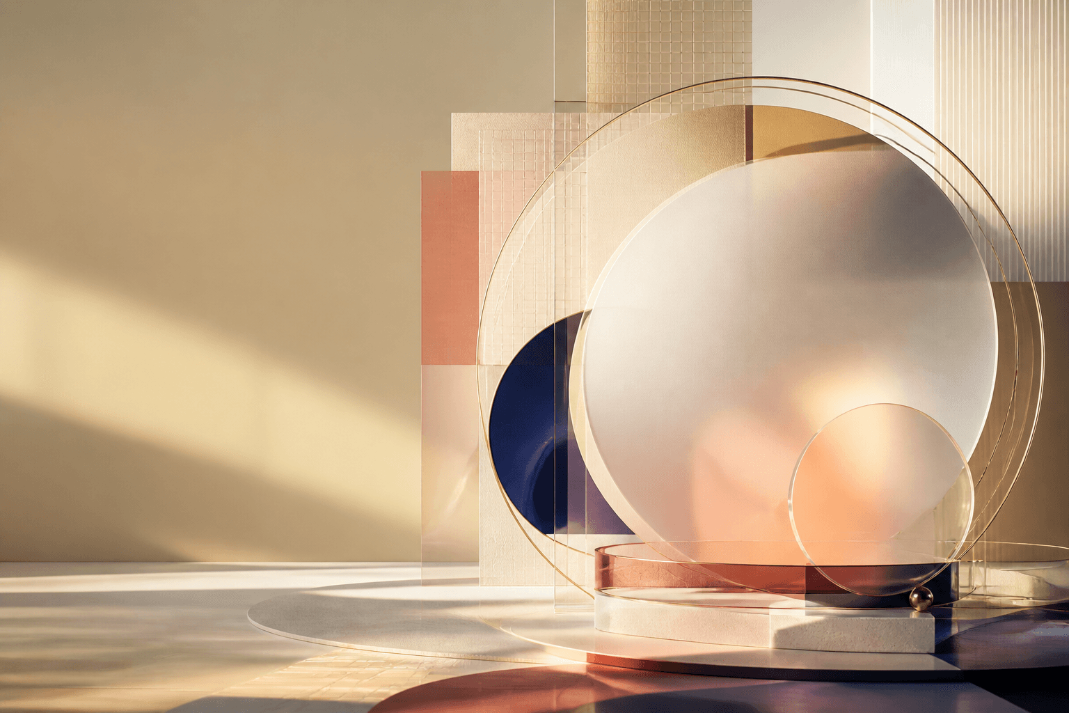 Layered lens artwork in warm editorial tones