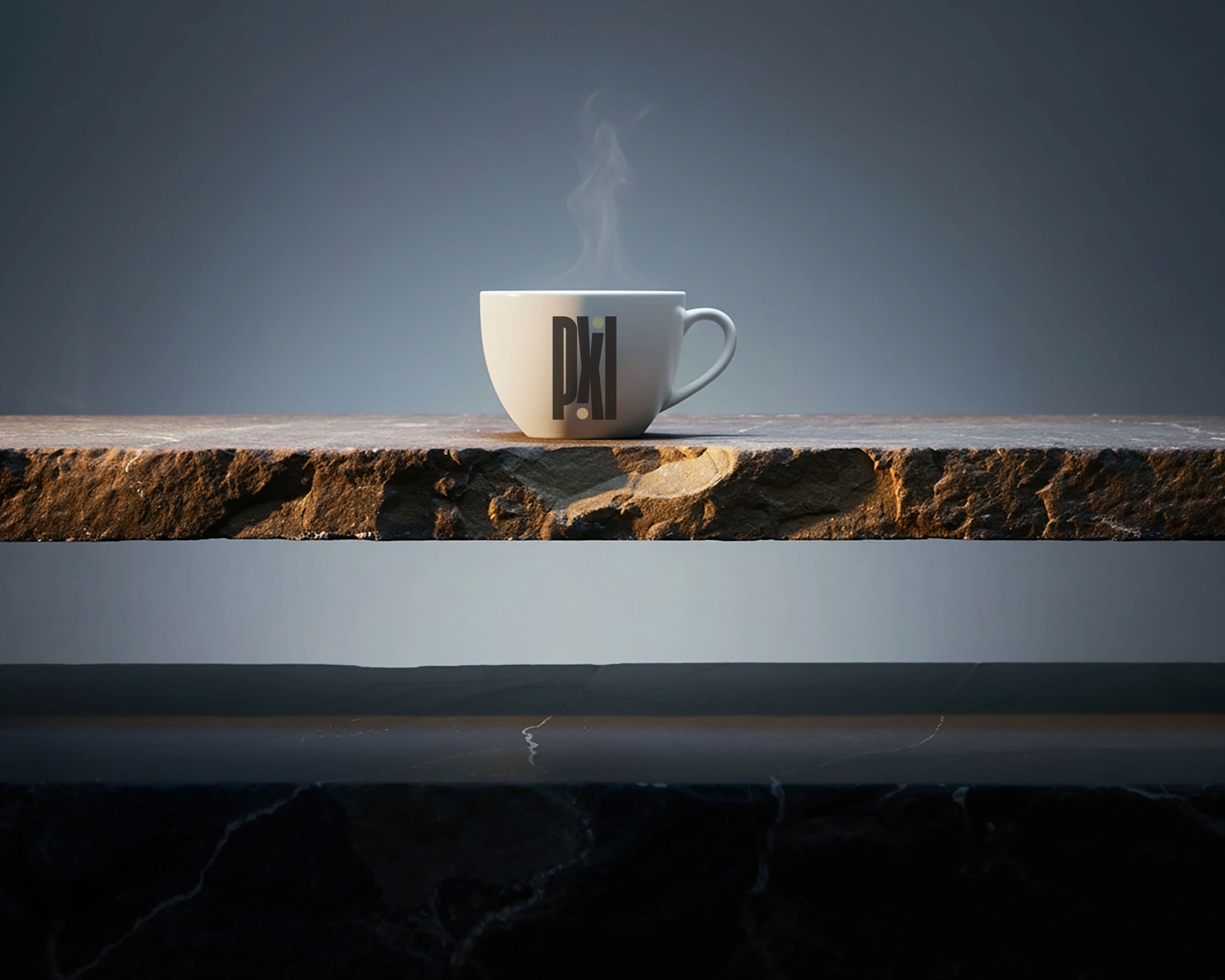 A minimalist product shot of a small object on a dark marble surface with warm directional lighting, showcasing OUF Studio's visual identity work for Pixil.