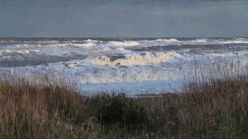 Sacred artwork by Faith and Verse. © Faith and Verse, 2025. All rights reserved. The rough coast of East Anglia with grey winter waves breaking on the shore and marsh grasses in the foreground—the landscape through which Æthelthryth fled from Northumbria southward to Ely, remembered in later tradition as the setting of miraculous escapes and delays during her pursued journey.