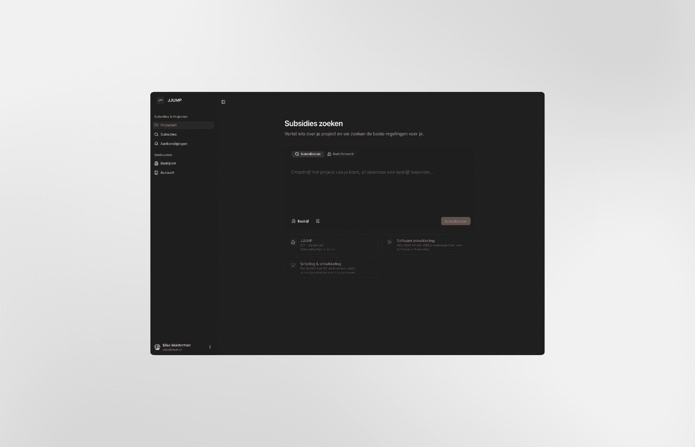 JJUMP subsidiedashboard met AI-gestuurde zoekfunctie die bedrijven in minuten de juiste subsidie laat vinden