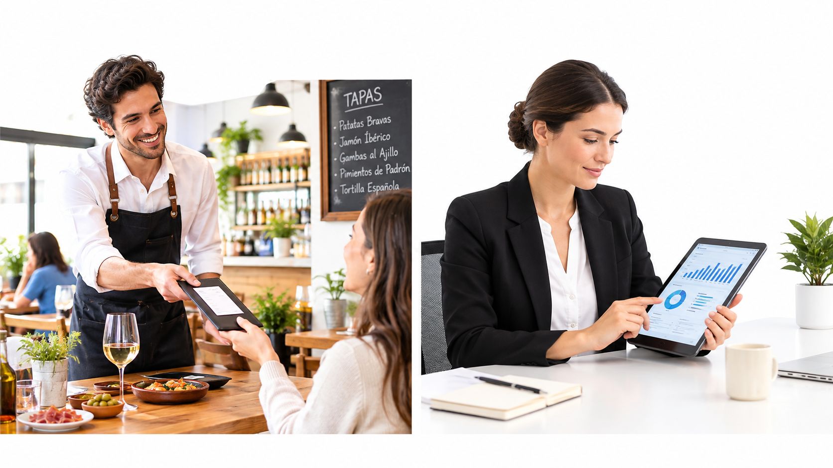 Un camarero entregando la cuenta a una clienta en un restaurante español y una ejecutiva revisando datos.