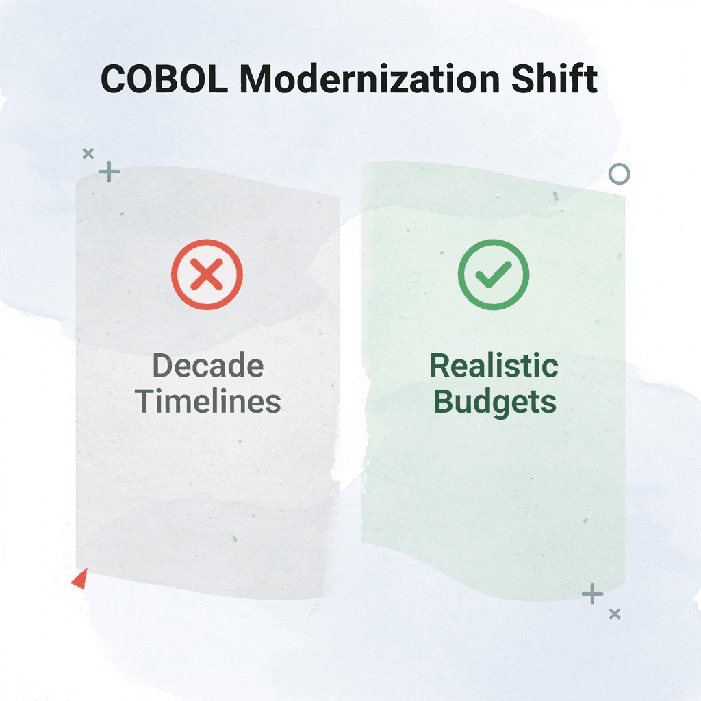 Before and after infographic showing shift from decade-long timelines to realistic modernization budgets