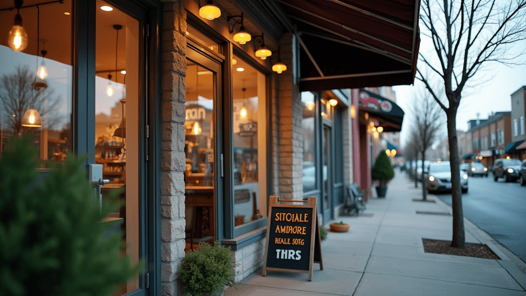 Eye-level view of a local business storefront with welcoming signage