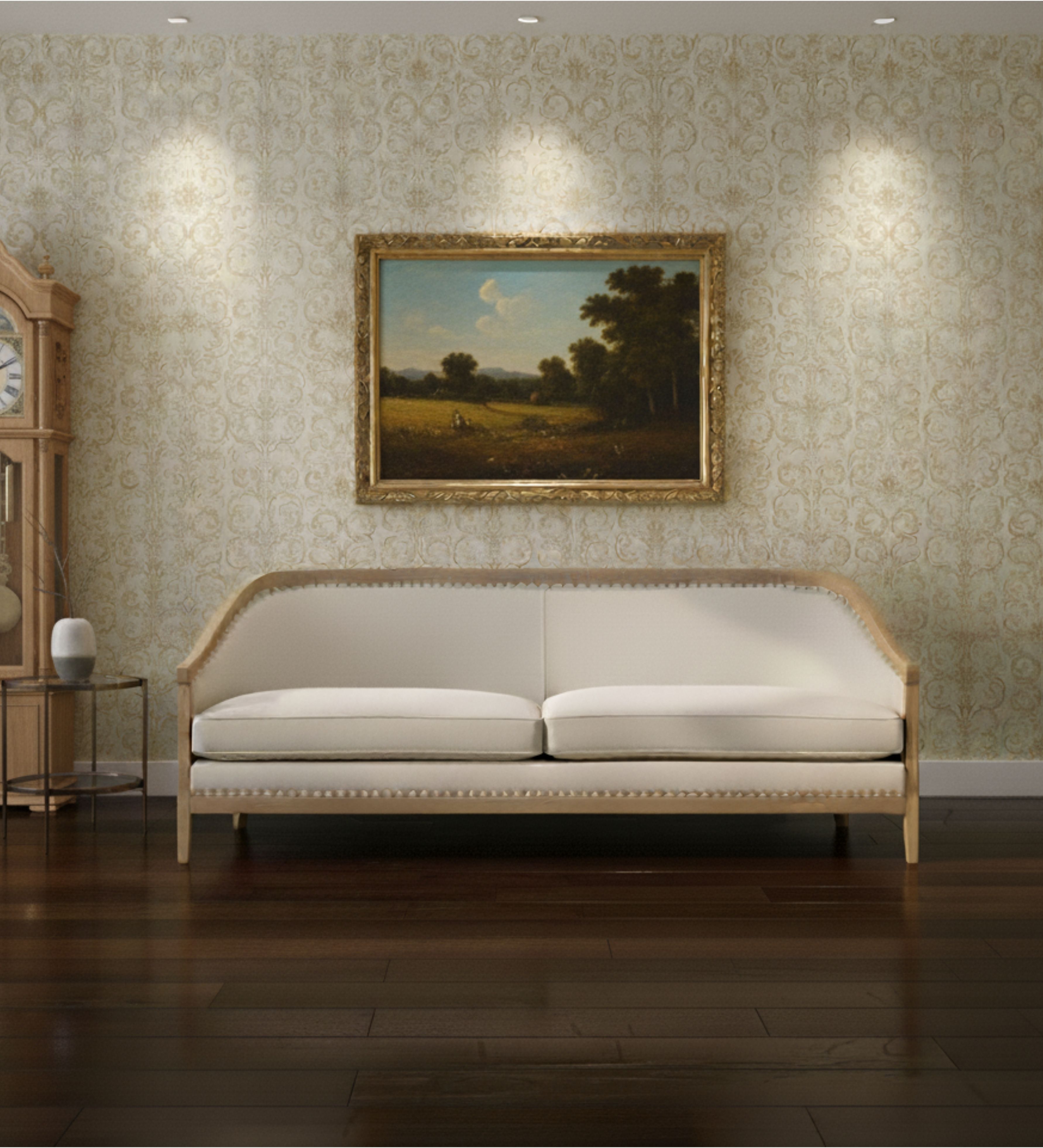 Three‑seater classic upholstered sofa with straight backrest and wooden base