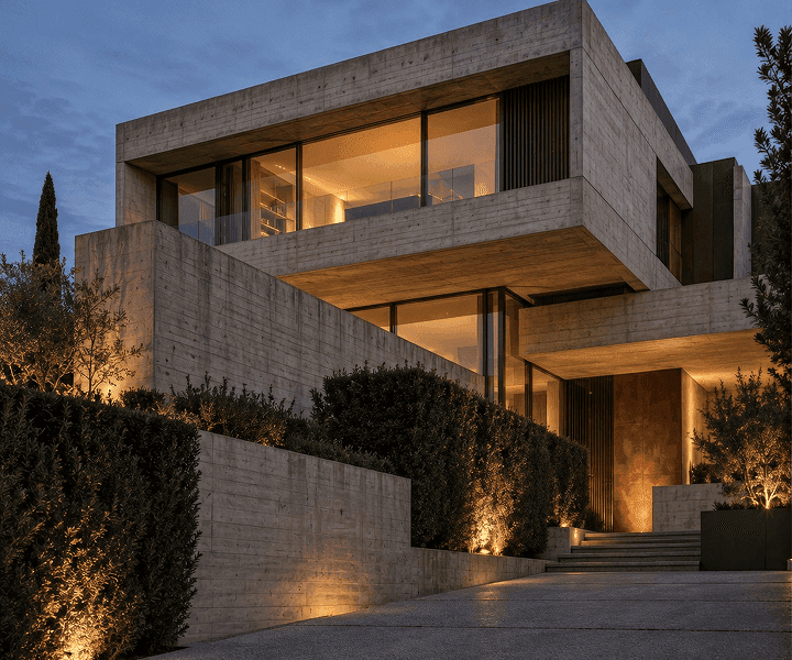 Terraced concrete residence with lit entrance steps