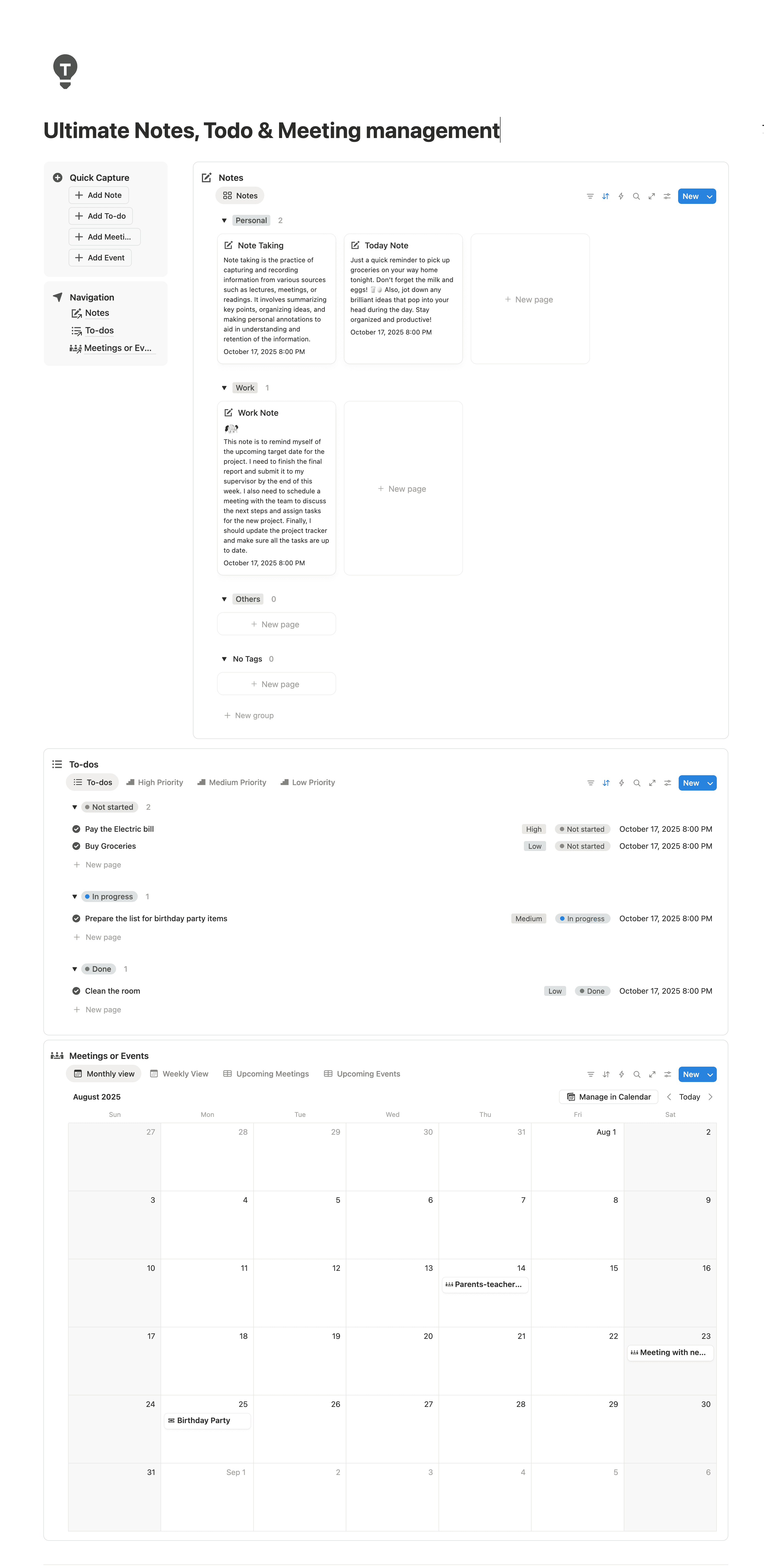 Notes and Tasks Pro Notion template for managing personal notes, to-dos, and schedules