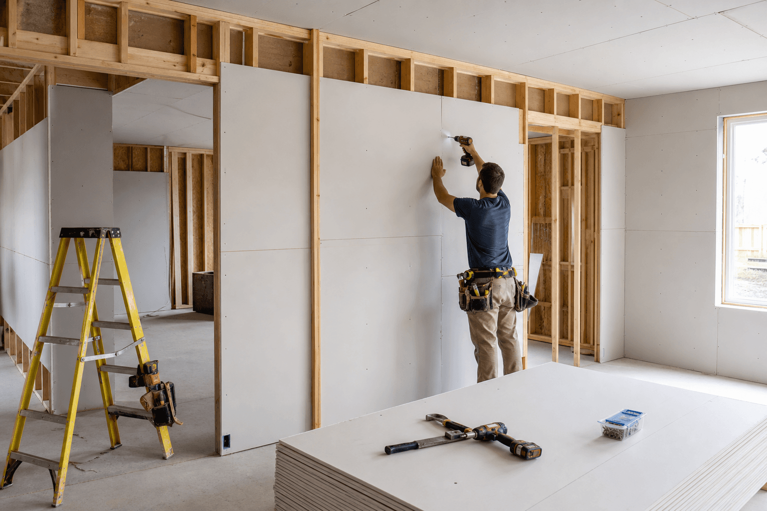 Drywall installation in progress in a new home with panels hung on wood framing
