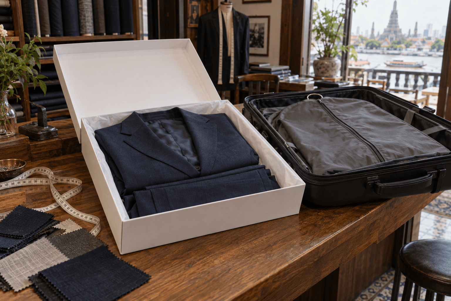 A navy tailored suit folded in a white box next to an open suitcase and fabric swatches in a Bangkok tailor shop