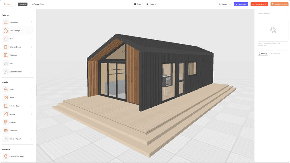 Preview of the exterior 3D model Driftwood Cabin in Tiny Easy's 3D Design Software