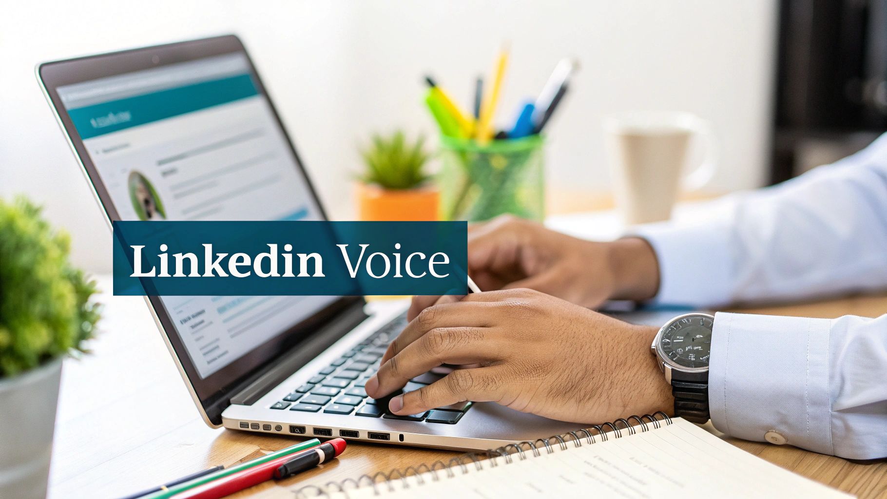 Two professionals collaborating on a LinkedIn post on a laptop in a modern office.
