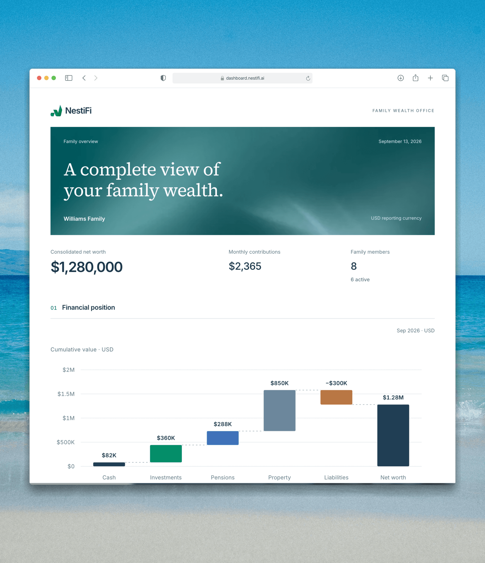 The Williams Family overview report with financial position and contributions, enlarged in a white Safari window