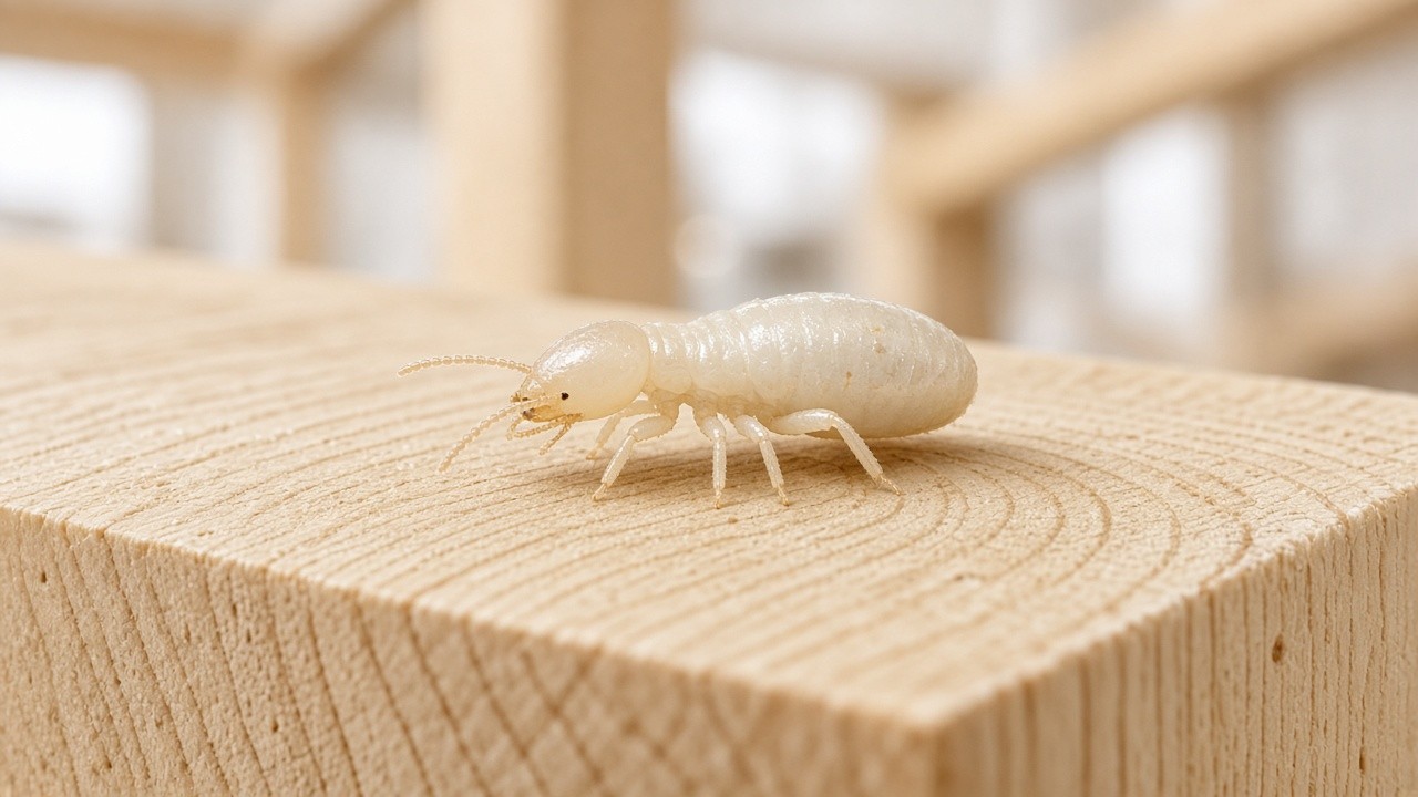 Pale worker termite on the end grain of a pine framing stud, termite-proofing tips for McKinney, TX properties