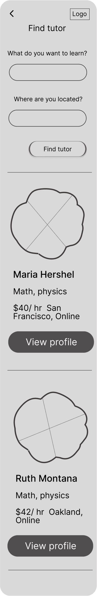 Tutorly Results screen, phone, wireframe