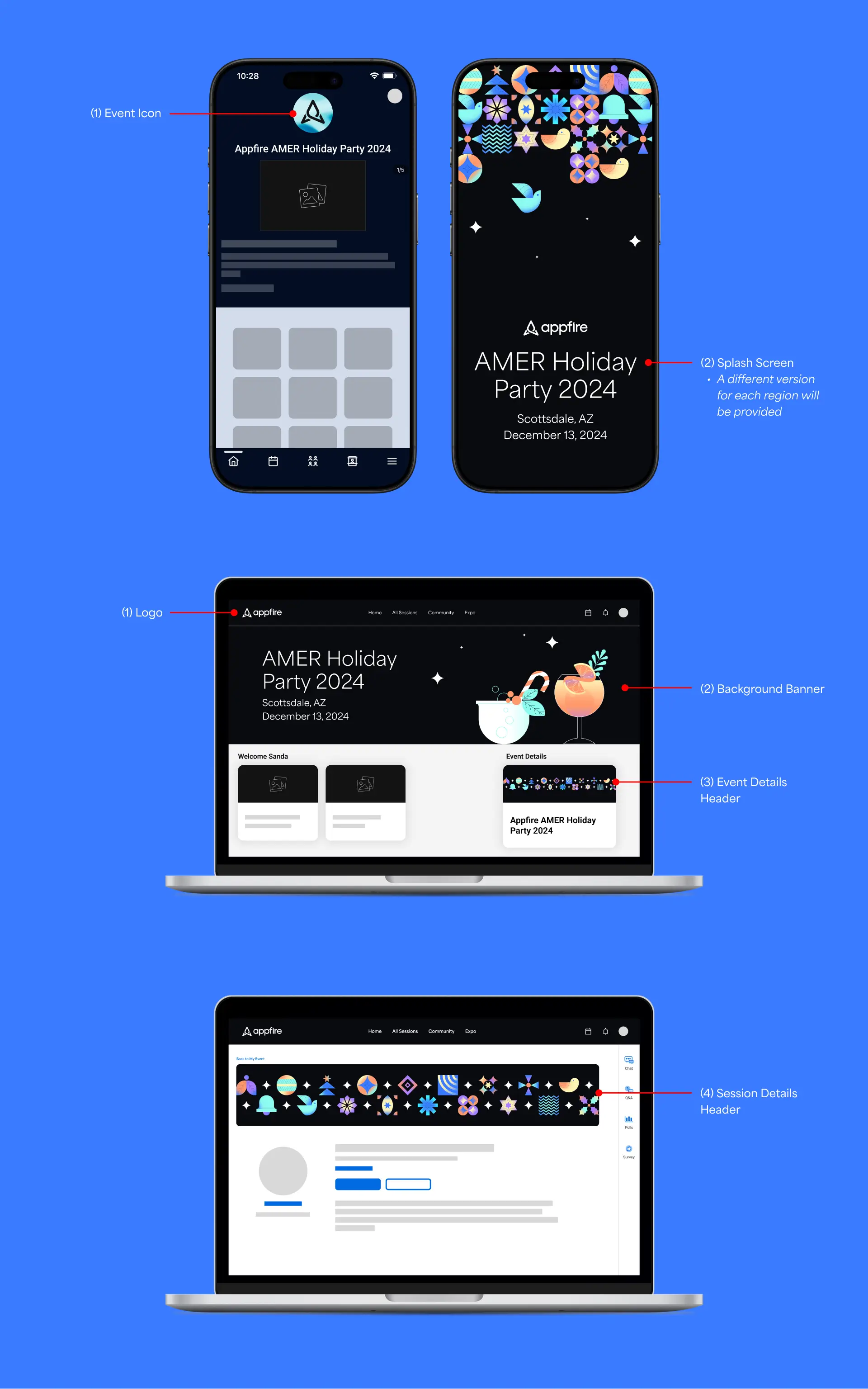 Digital designs for the AMER Holiday Party 2024 on different devices. A smartphone screen shows festive icons and event details in Scottsdale, AZ. A laptop displays the event's logo, a colorful background banner, and session details in a vibrant, celebratory tone.