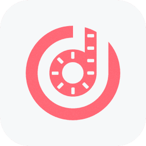 A circular logo with a red, film reel-like design forming the letter 'd' in the center, set against a light background.