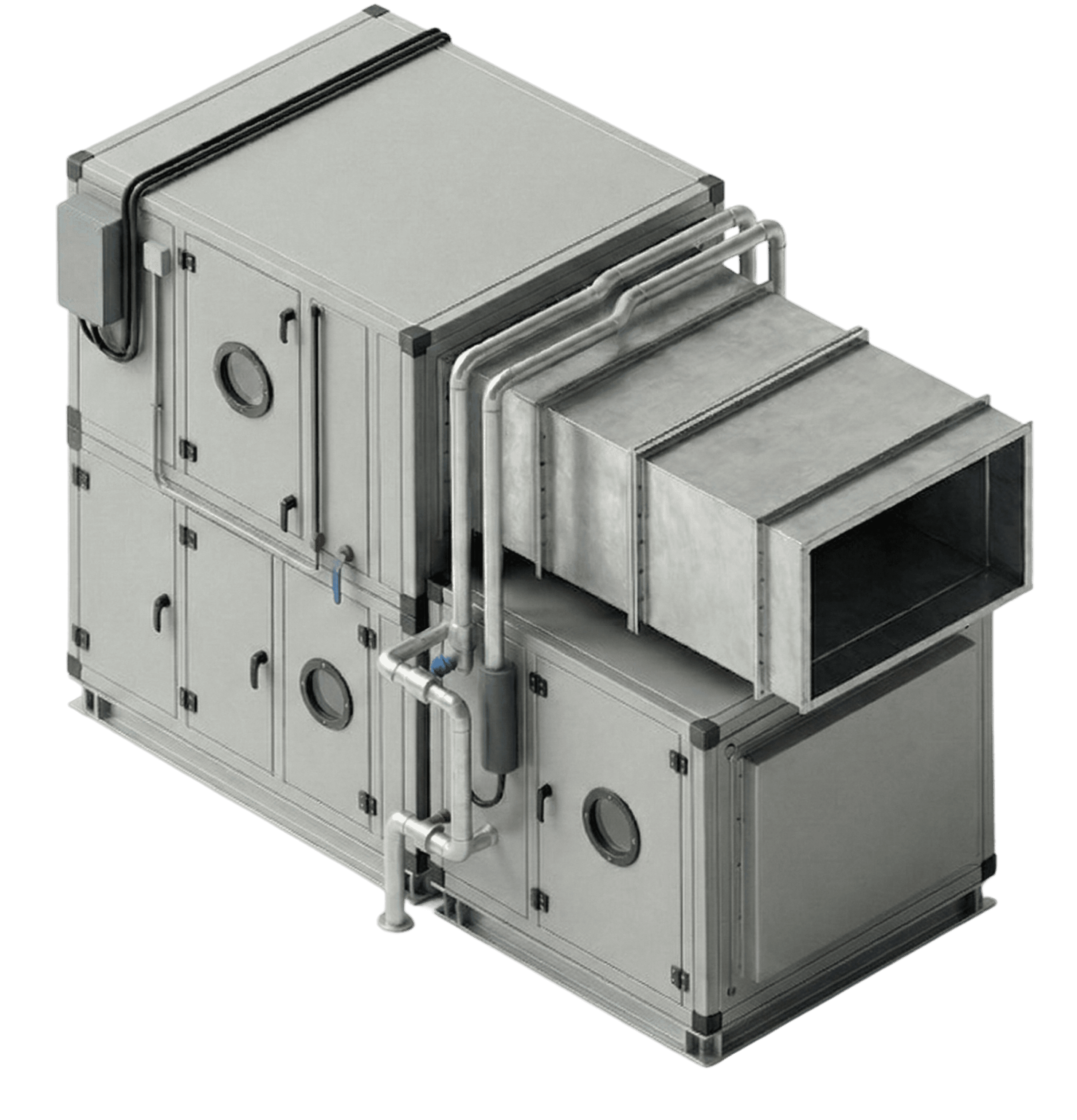 The image shows a robust industrial HVAC air handling unit with metallic exterior featuring pipes and ducts, designed for efficient heating, ventilation, and air conditioning in large spaces.