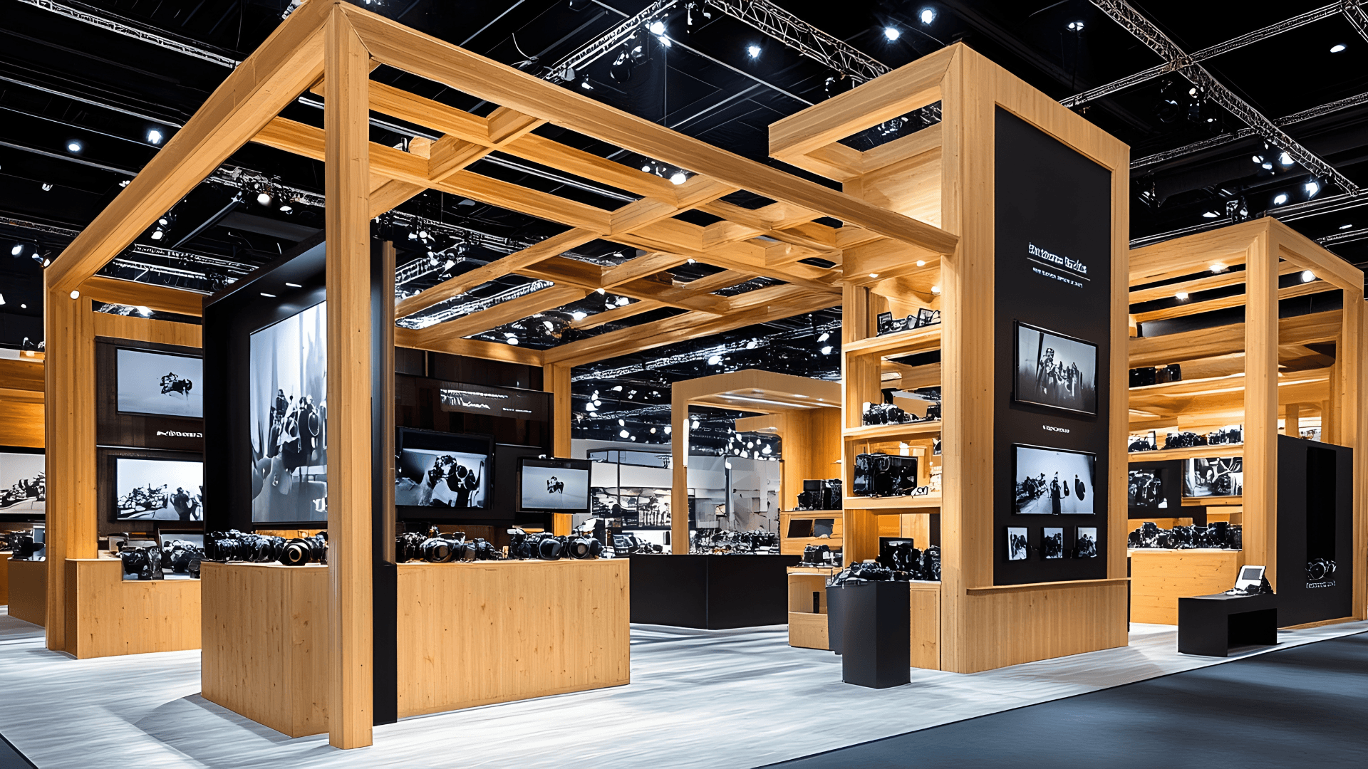 A modern exhibition booth design using reclaimed wood featuring LED displays with 4K cameras and photos on shelves under dynamic lighting, made to boost lead generation.