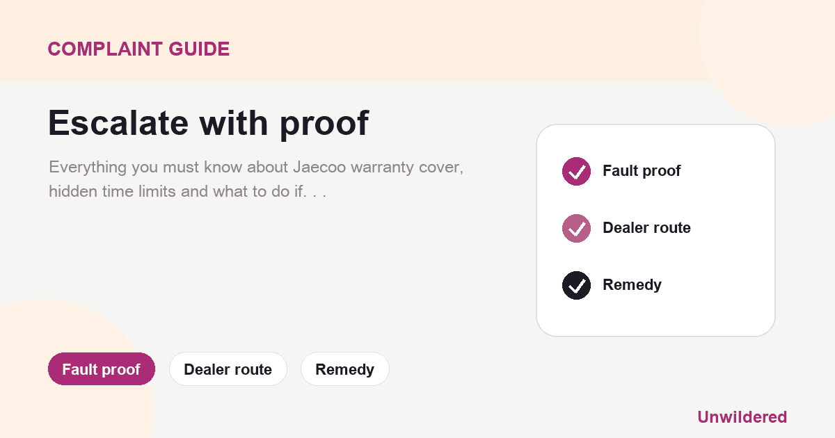 Explainer card for Jaecoo Warranty: What Is Actually Covered?: Fault proof, Dealer route, Remedy.
