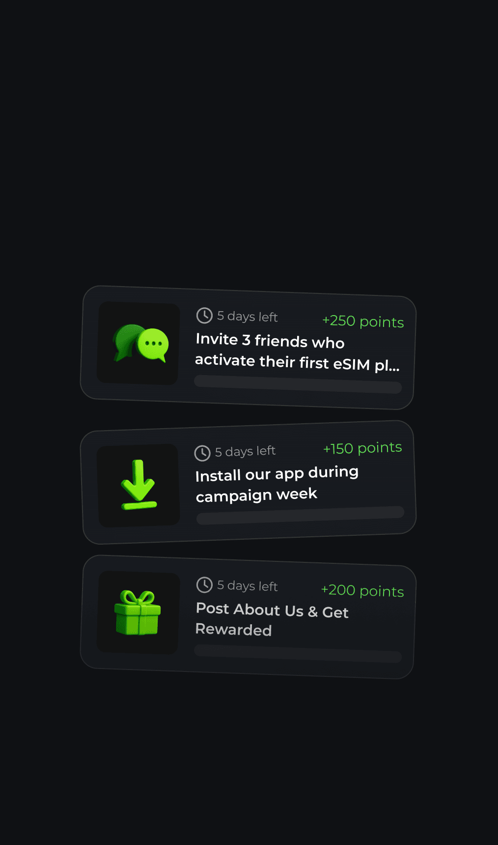 No-code loyalty builder interface showing a mobile preview of a gamified challenge with options to edit, duplicate, activate, or delete.