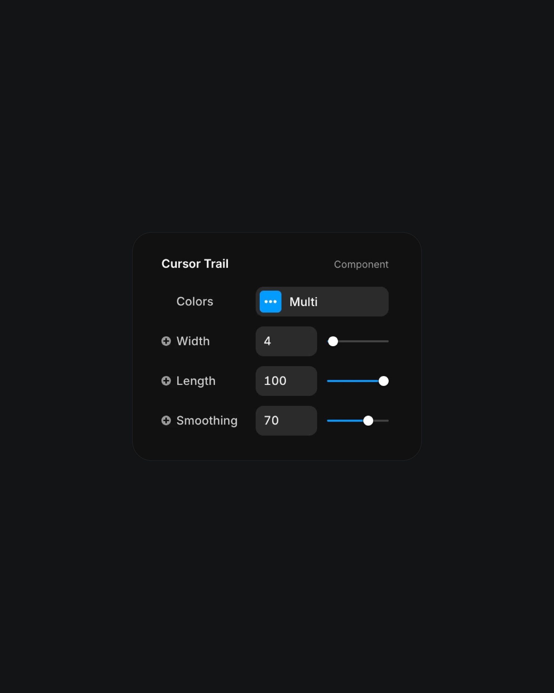 Settings panel for the Cursor Trail component in Framer, displaying adjustable options for colors, width, length, and smoothing