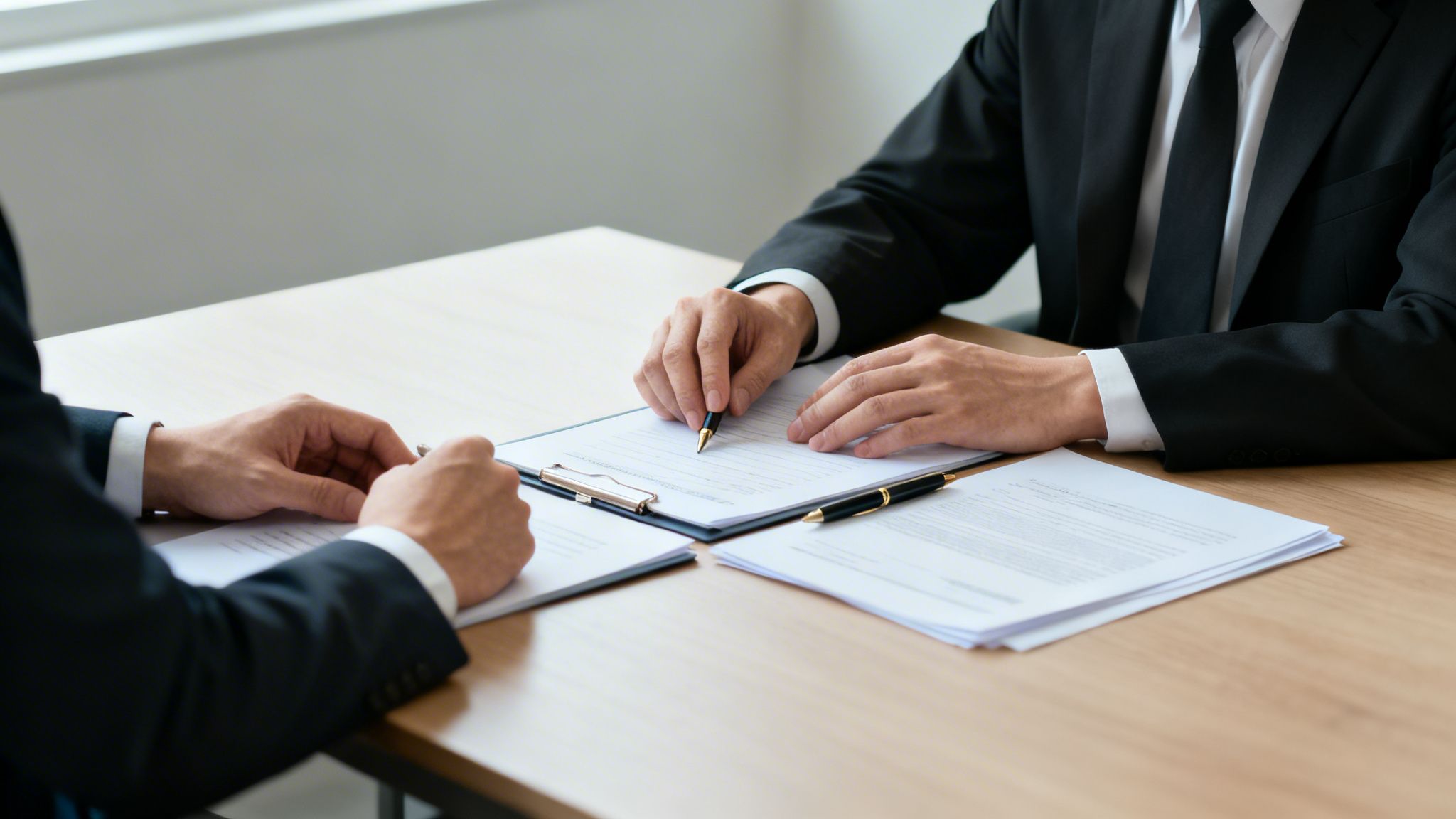 Affärsmän i kostymer granskar viktiga dokument och diskuterar ett avtal vid ett skrivbord.