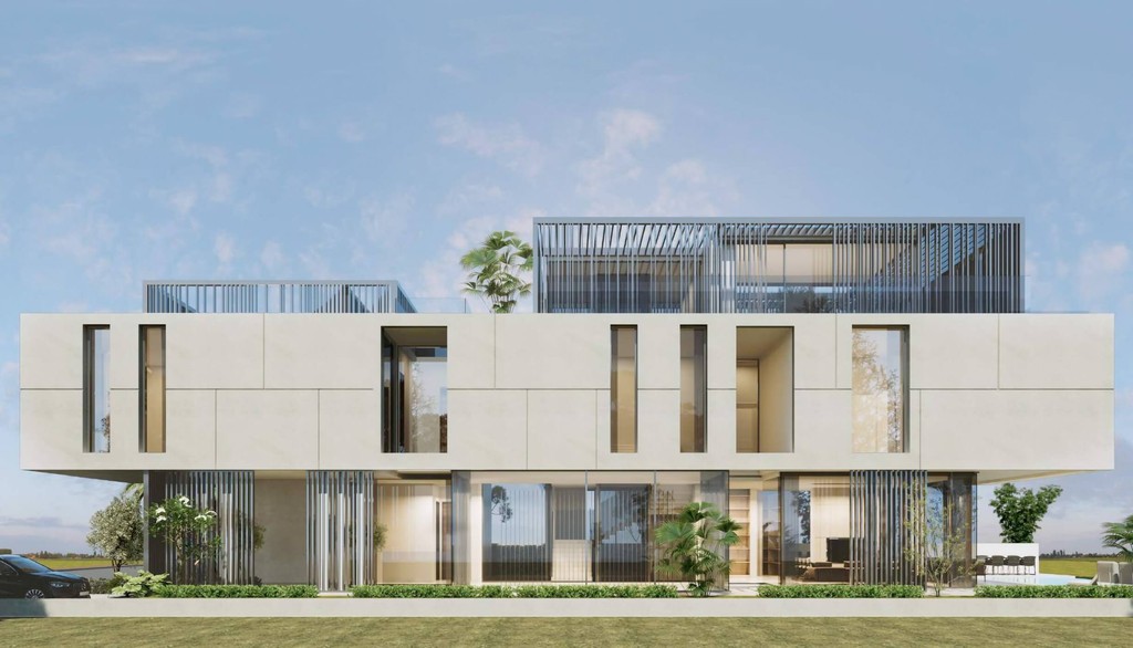 A beautiful view of a Utopia Damac Hills by Damac villa with a large, private swimming pool.