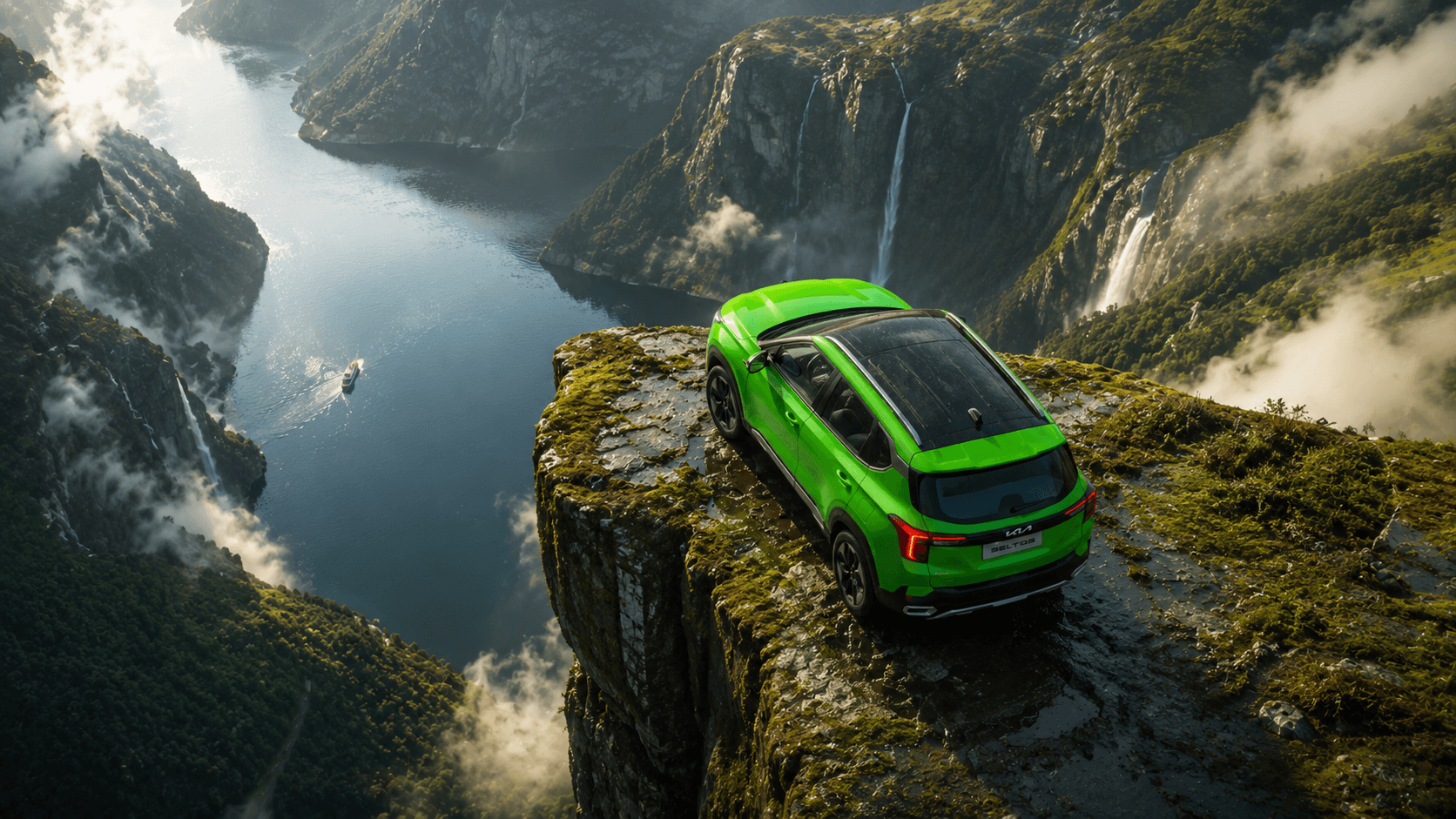 Bright green 2027 Kia Seltos parked cliffside facing a water-filled reservoir