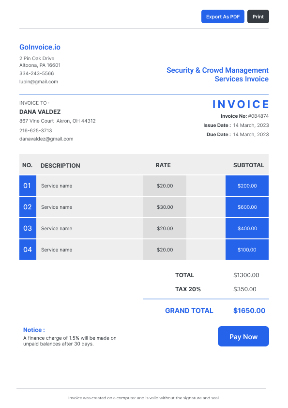 Security & Crowd Management Services Invoice