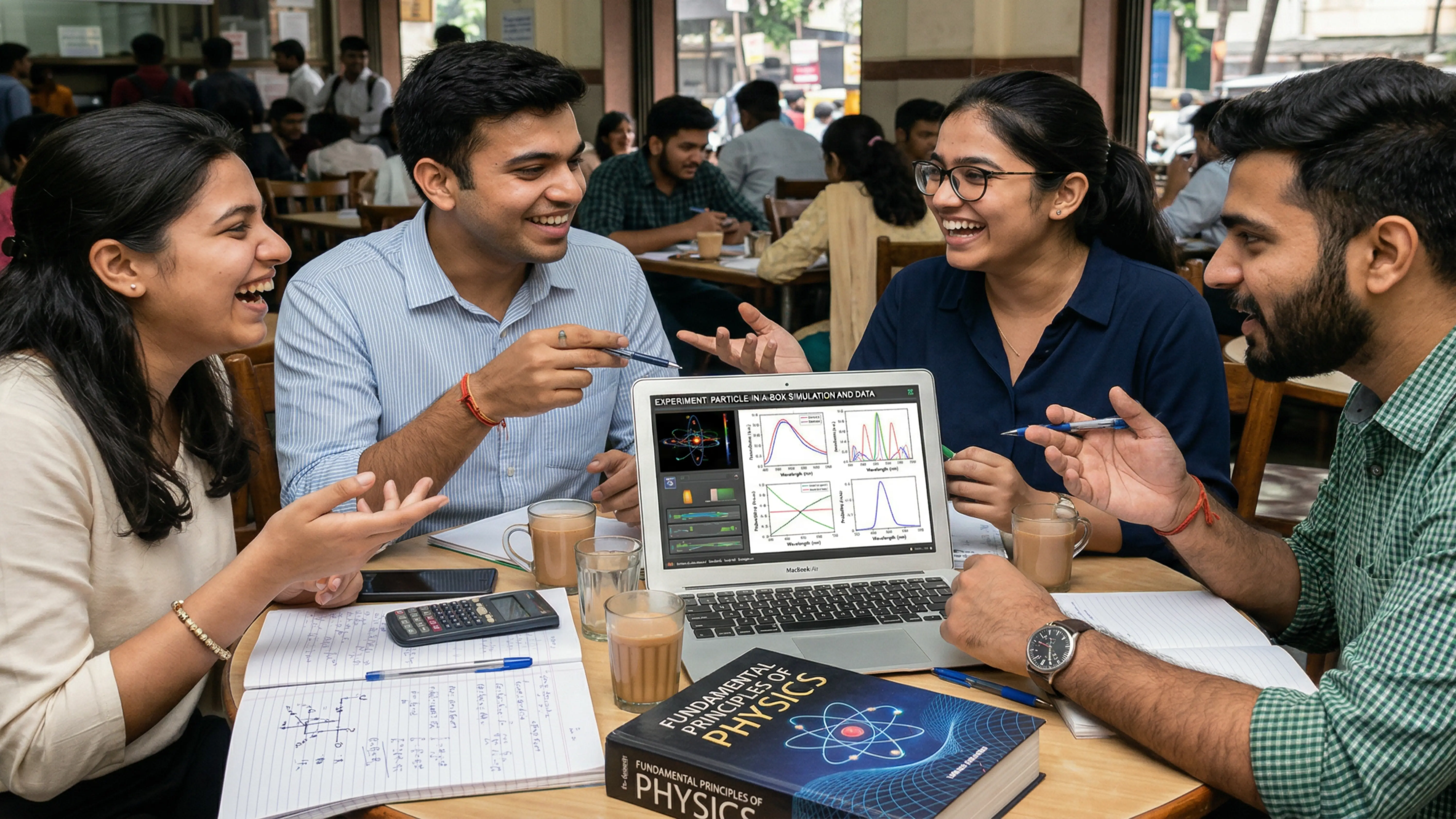 Students on a college campus reviewing entrance exam brochures and discussing next steps after JEE Mains.
