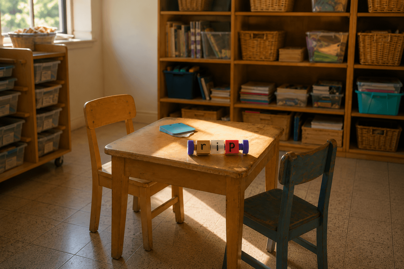 Word Nuts Reading 3D-printed phonics manipulative and letter-sound flashcards on a classroom table after an early literacy pilot session.