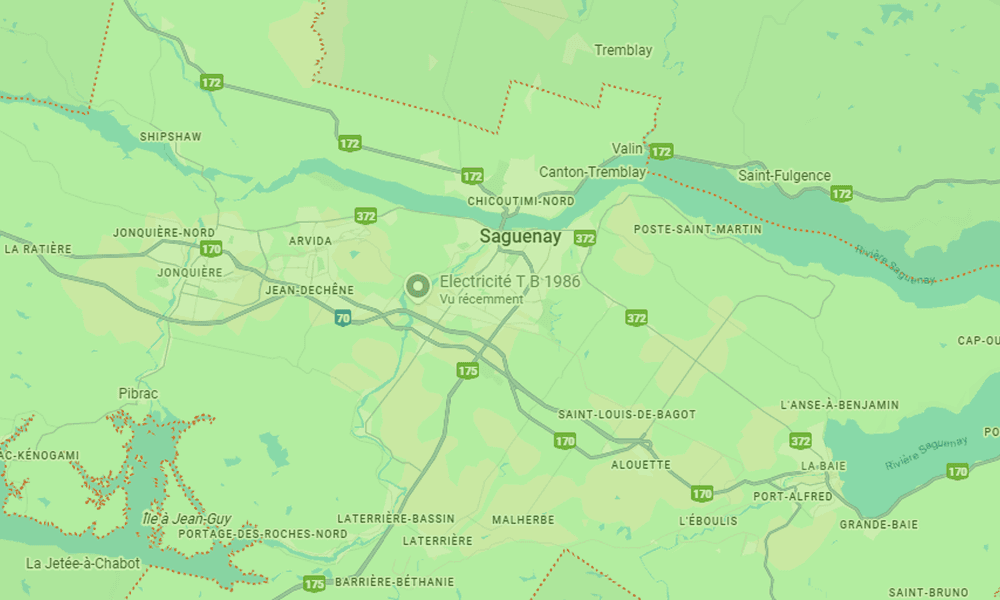 Carte montrant la zone de Saguenay étant desservie par B2Web, spécialistes en conception de sites web performants