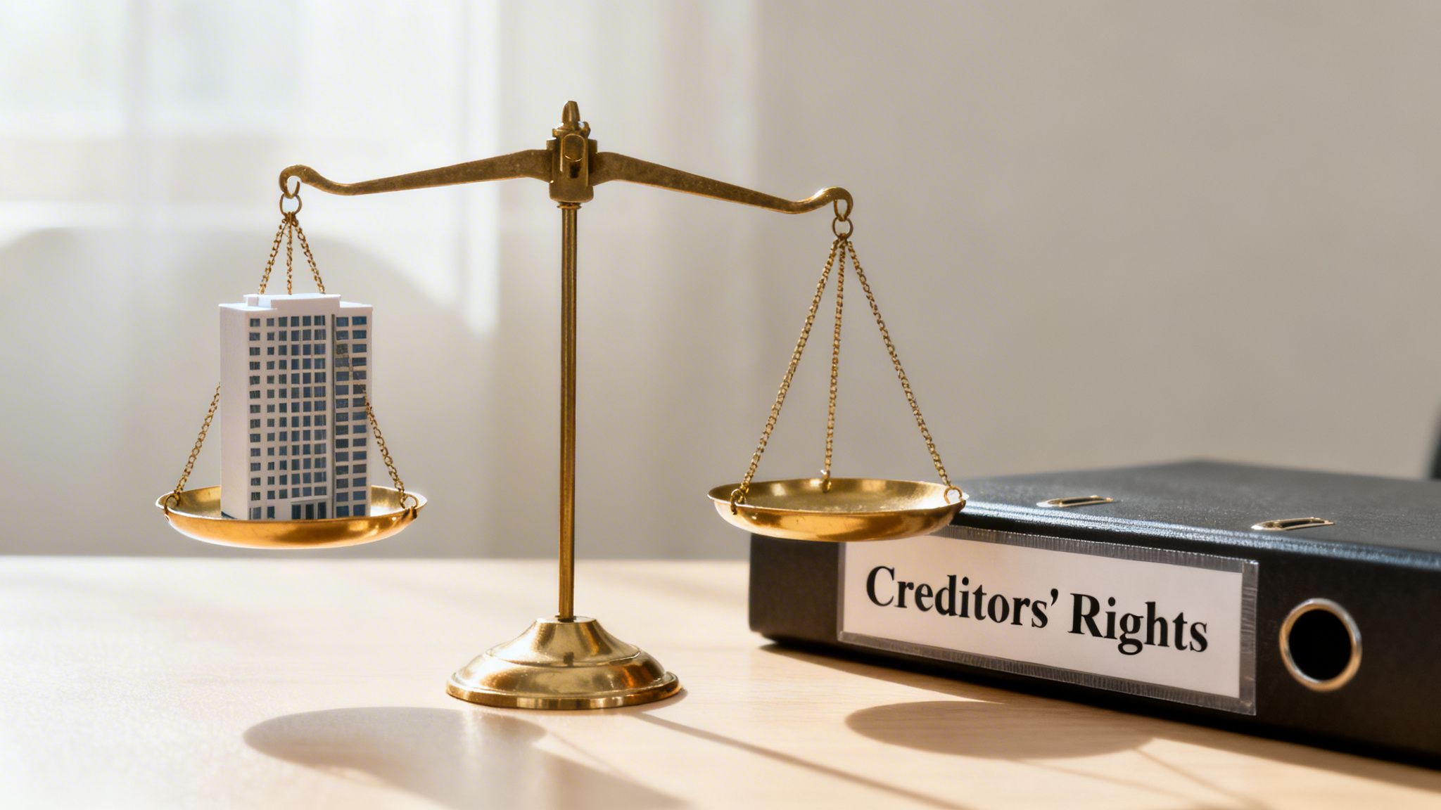 A brass scale with a building model on one pan, balanced beside a 'Creditors' Rights' binder.