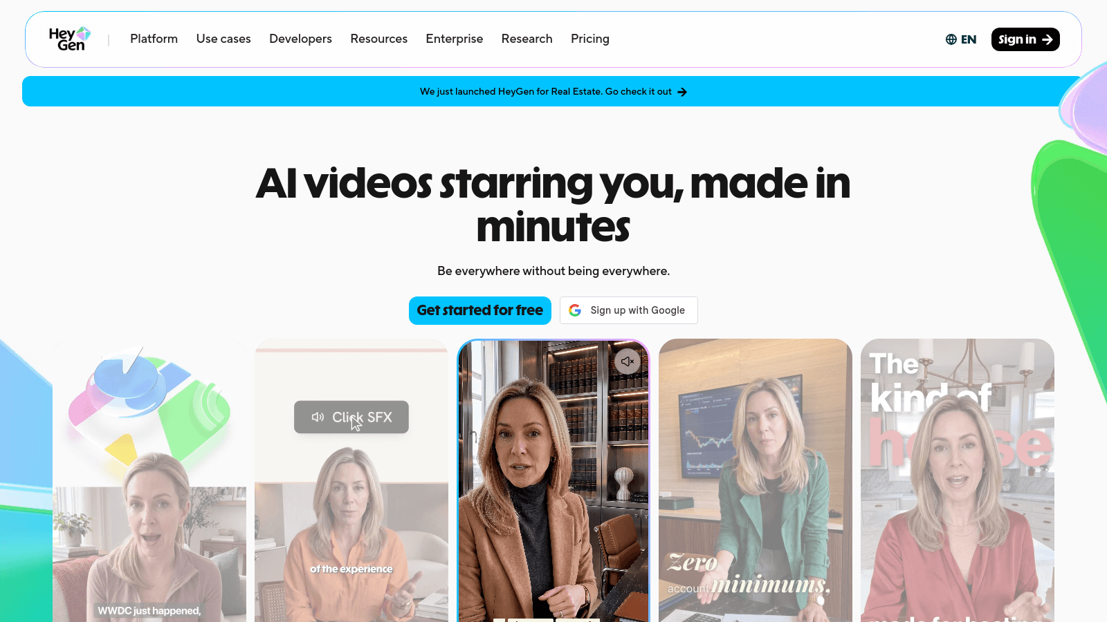 HeyGen landing page with headline about AI videos and examples of AI-generated video content.