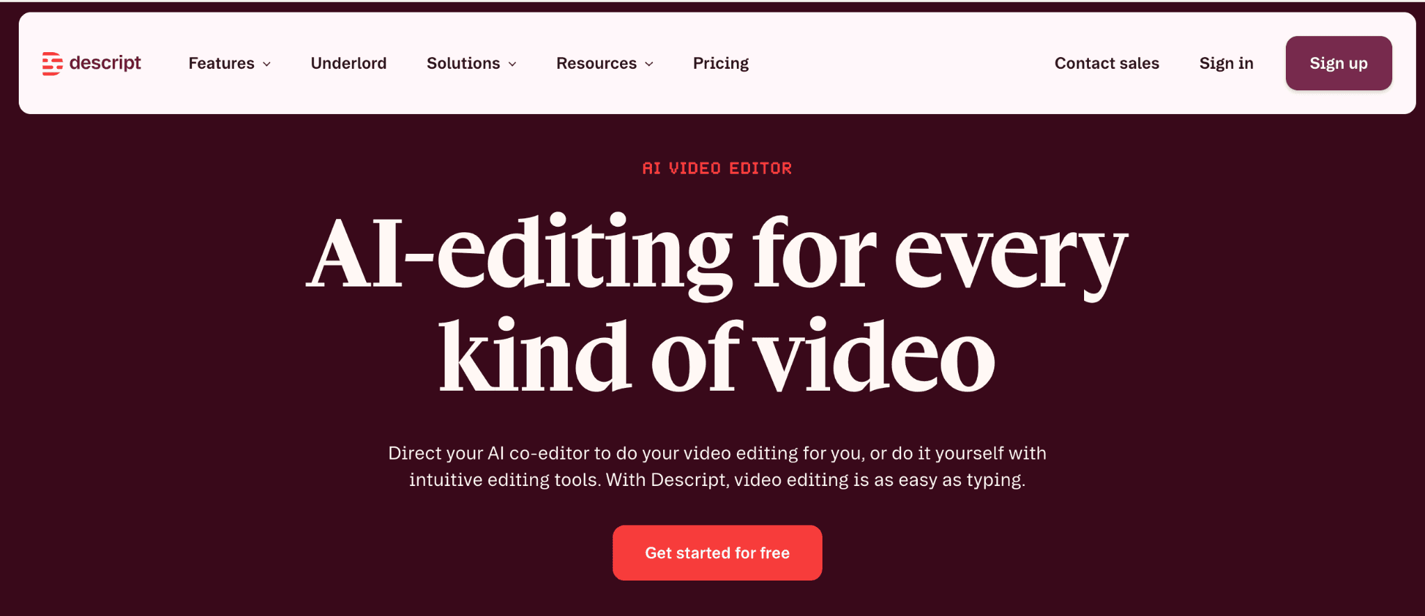 Descript AI video editor homepage
