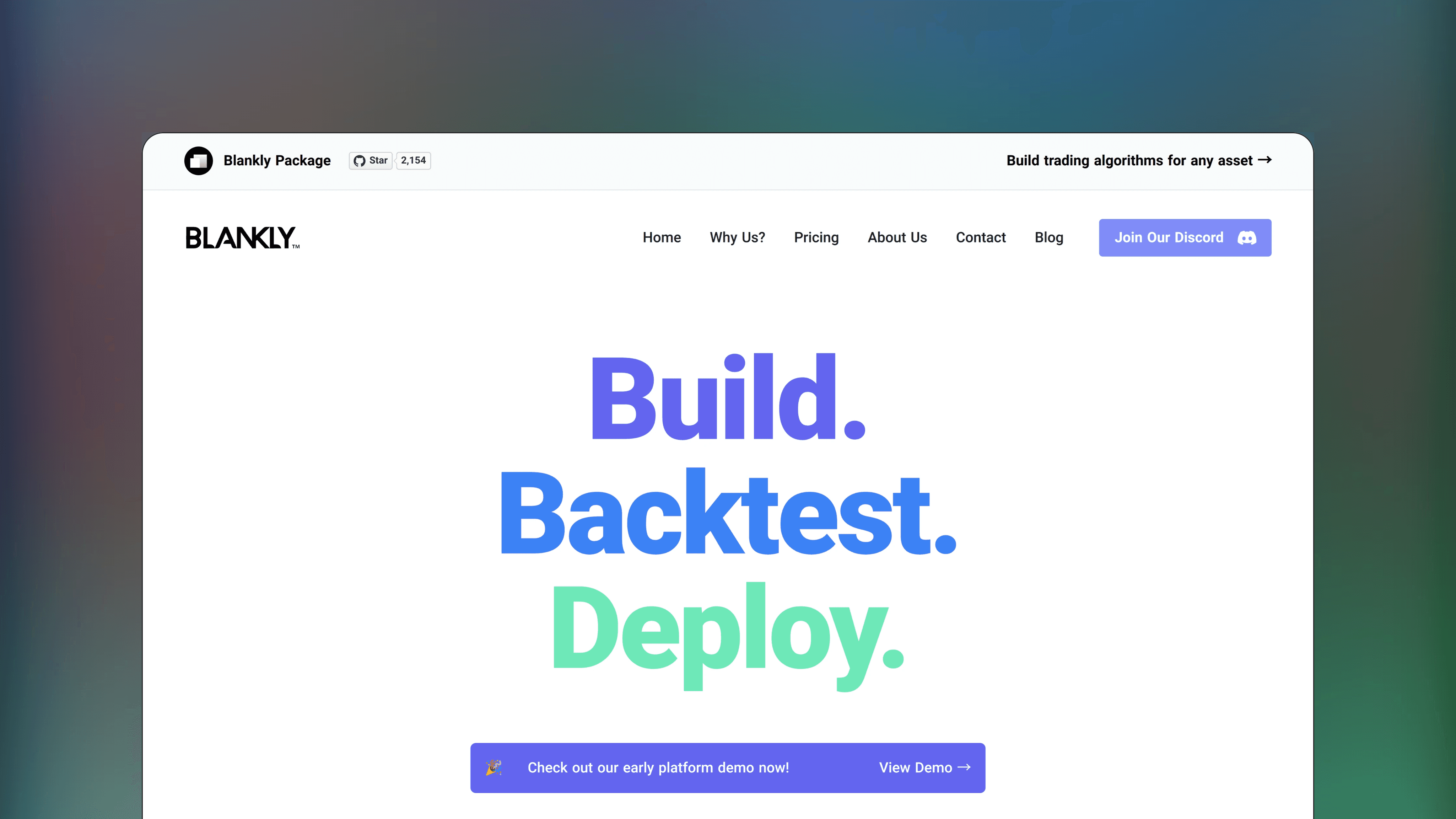Website preview of Blankly, trade management tracking platform showing an interface for developing and testing automated trading strategies.