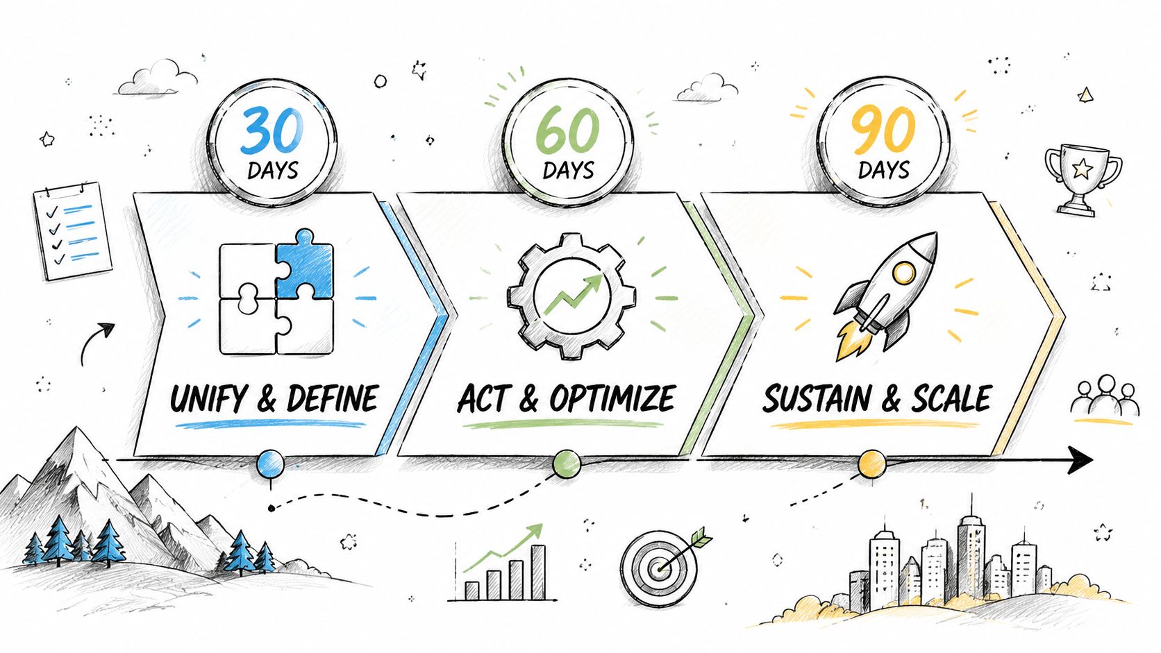 A hand-drawn business timeline illustration showing 30, 60, and 90-day phases for project development and growth.