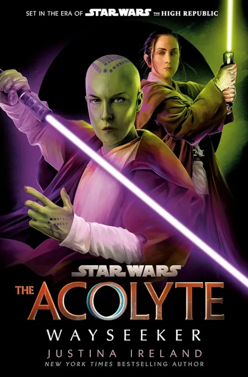 Cover for Star Wars: The Acolyte: Wayseeker featuring Jedi Master Vernestra Rwoh and Jedi Knight Indara with ignited lightsabers