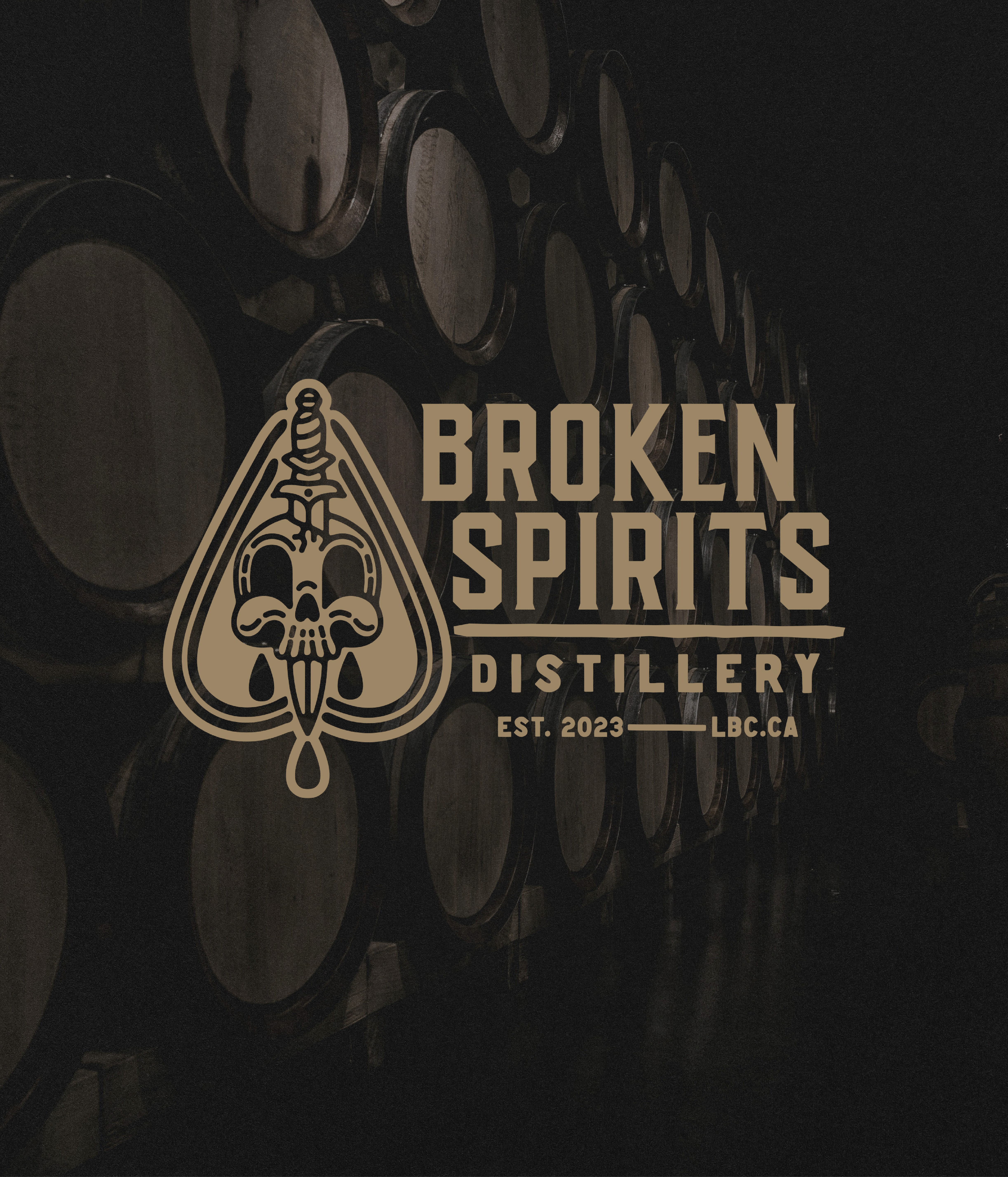 Broken Spirits Distillery logo on dark textured background