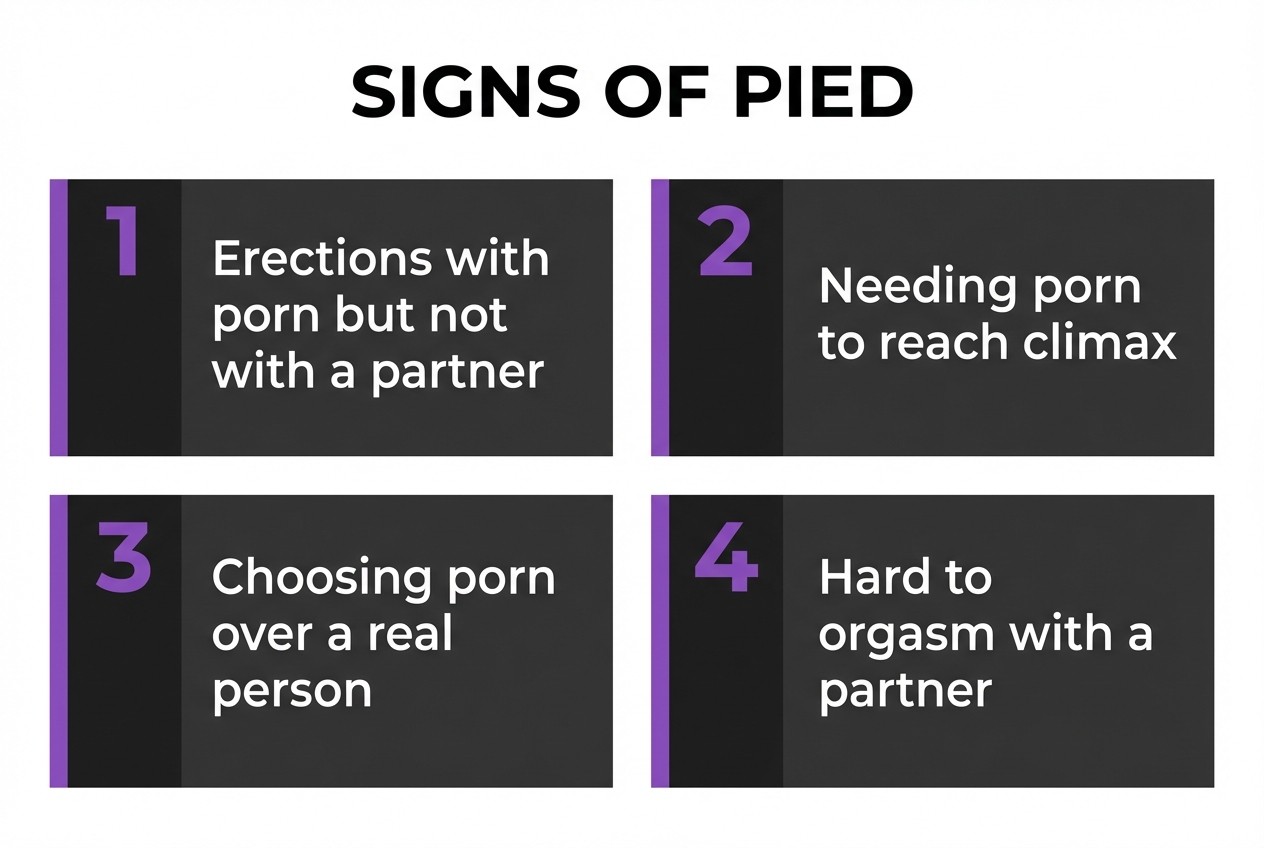 Four signs of porn-induced erectile dysfunction: erections with porn but not a partner, needing porn to reach climax, choosing porn over a real person, and difficulty reaching orgasm with a partner