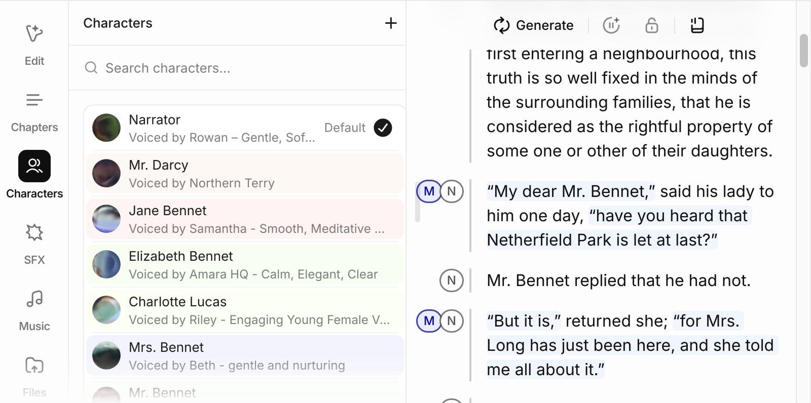 ElevenLabs audiobook editor with the character list on the left and Chapter I on the right, Mrs. Bennet’s dialogue tagged with her voice