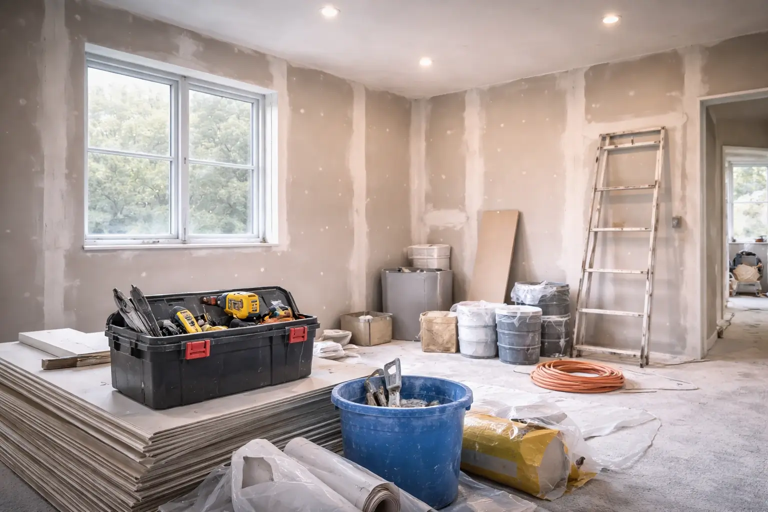 Trockenbau und Innenausbau bei einer Renovierung in Kassel mit Werkzeugen und Baustellenmaterial