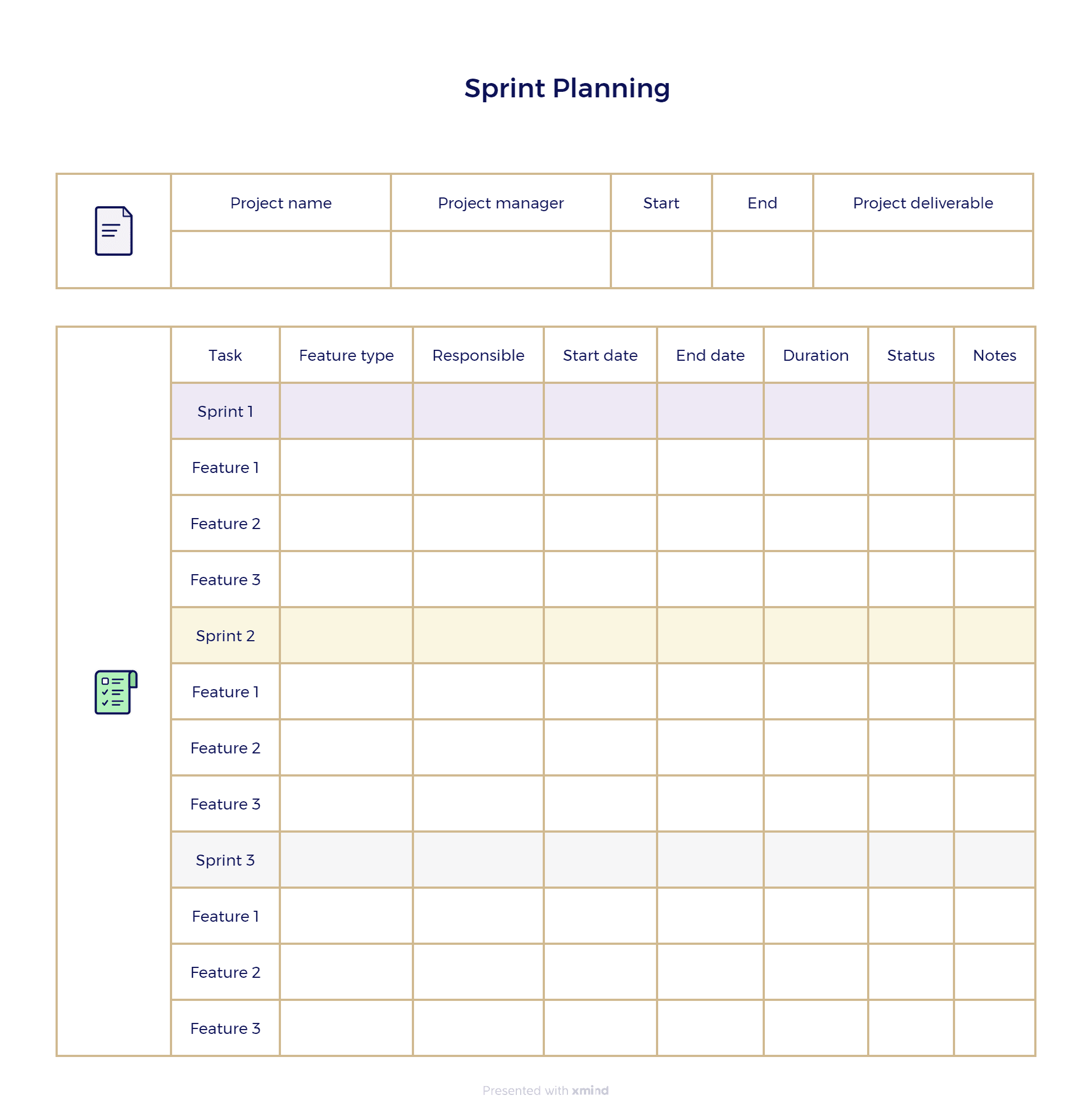 Sprint planning template with tasks and details