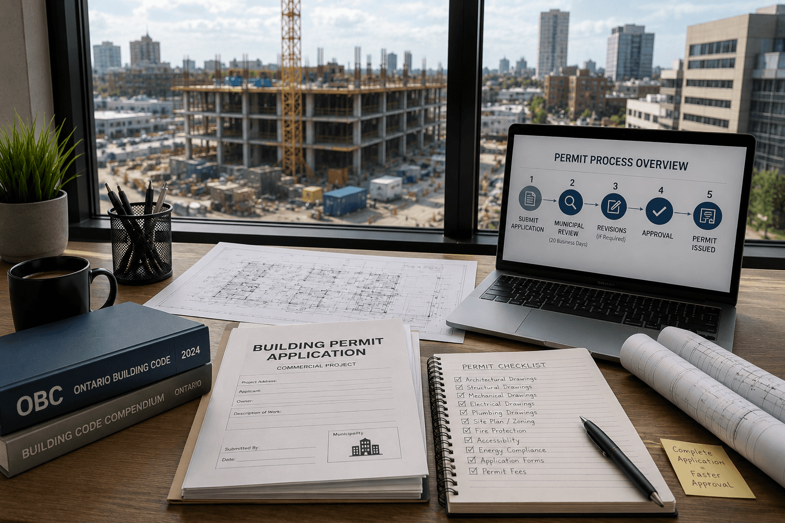 Office desk with building permit application documents, drawings, and checklist in front of a window overlooking a commercial construction site and city buildings.