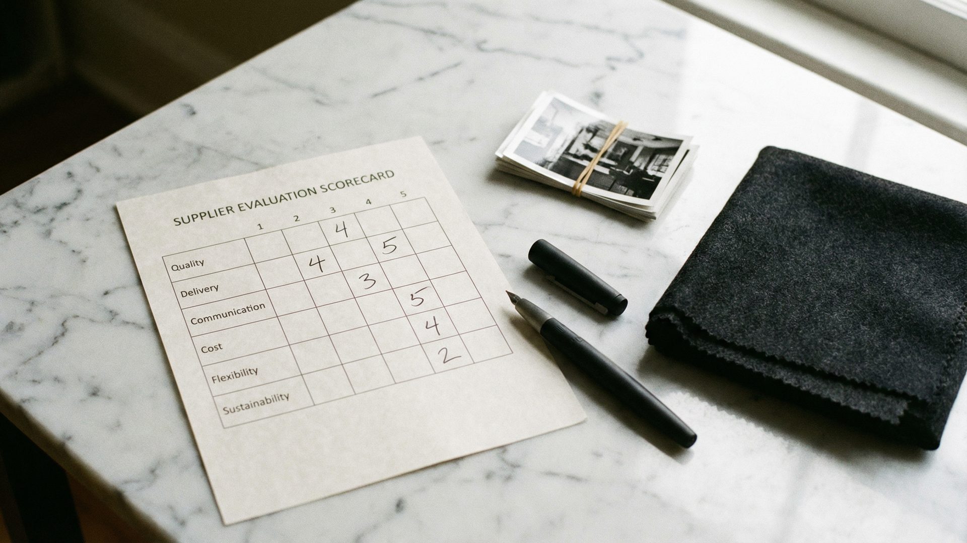 A supplier evaluation scorecard with criteria like "Technical Capability," "Communication Protocol," and "Financial Stability," with a scoring system from 1-5.