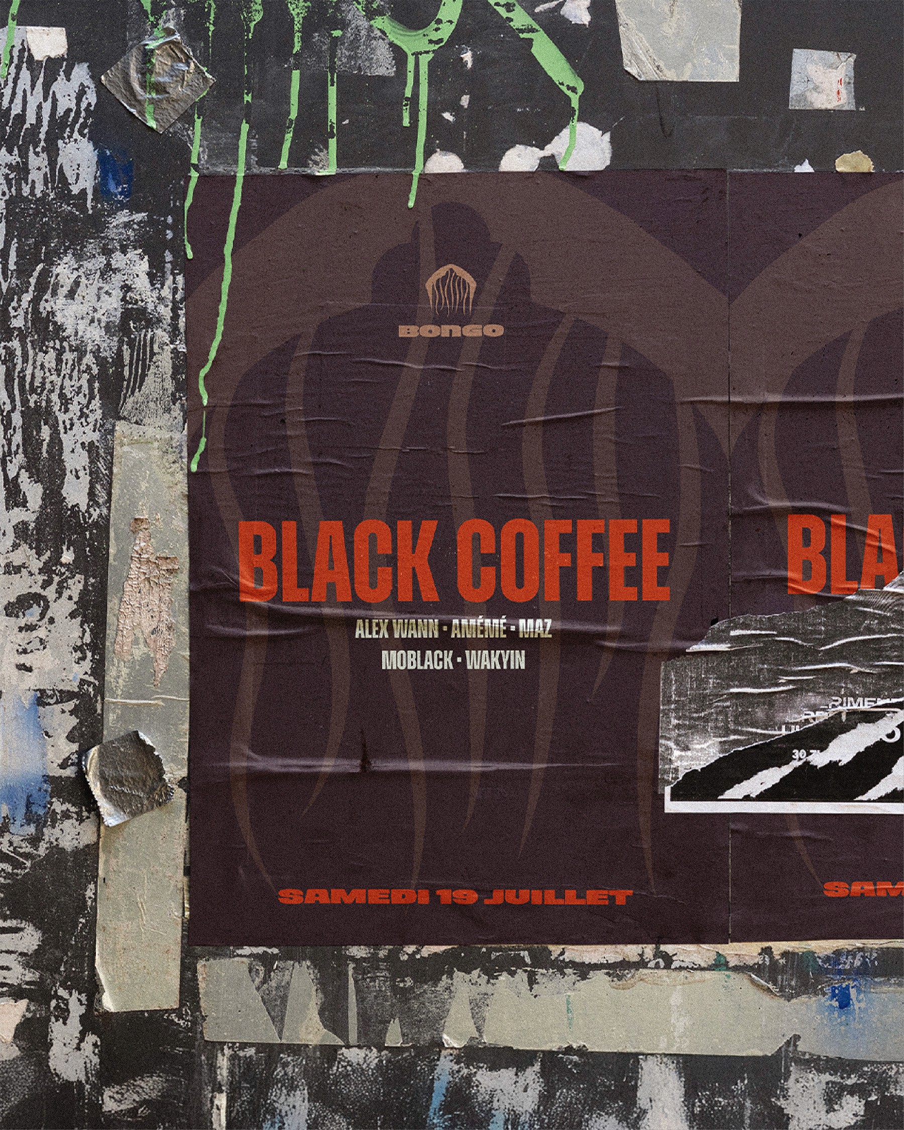 Black Coffee night at Bongo poster mockup on urban street wall