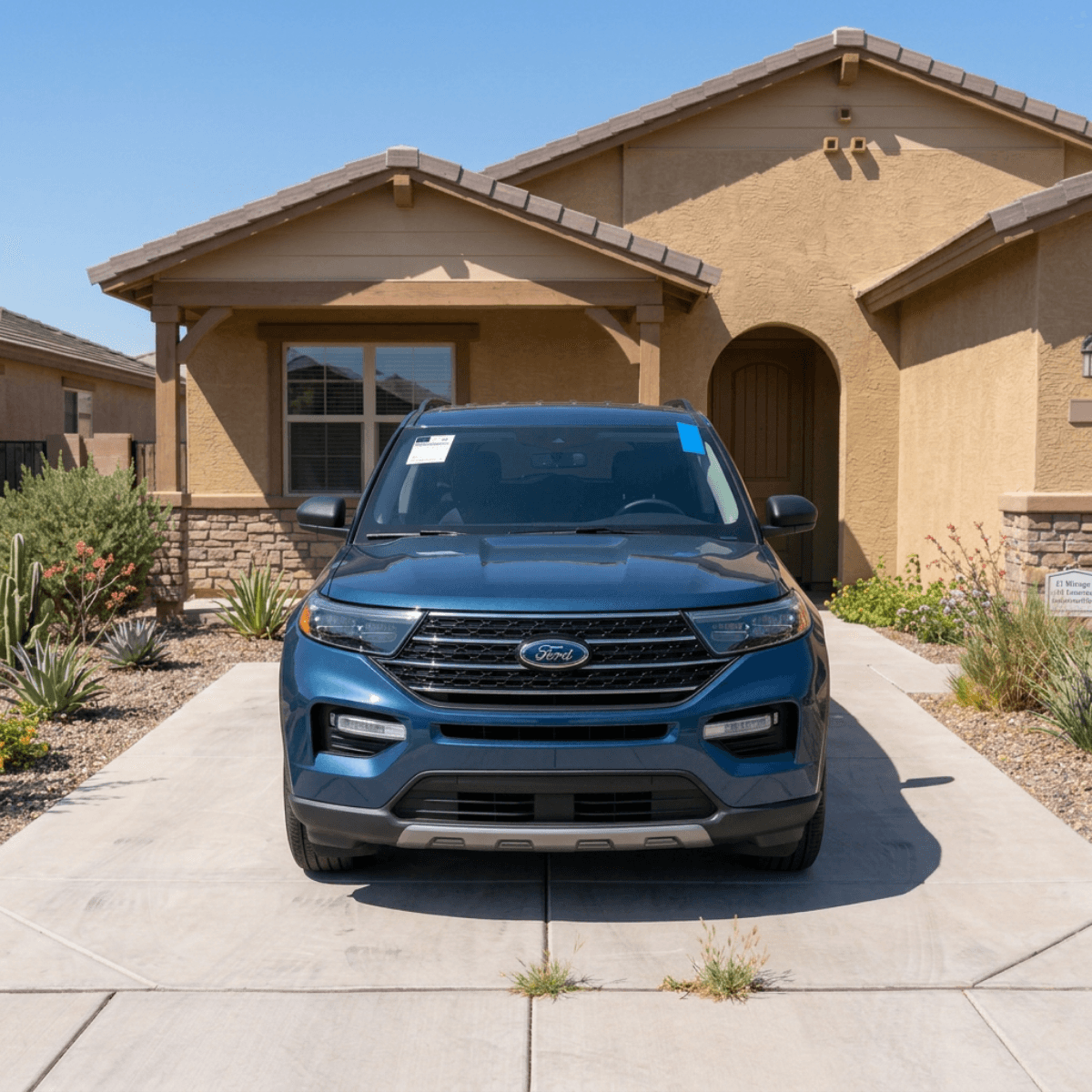 Blue Ford F-150 truck with fresh windshield glass parked outside a Douglas, AZ home